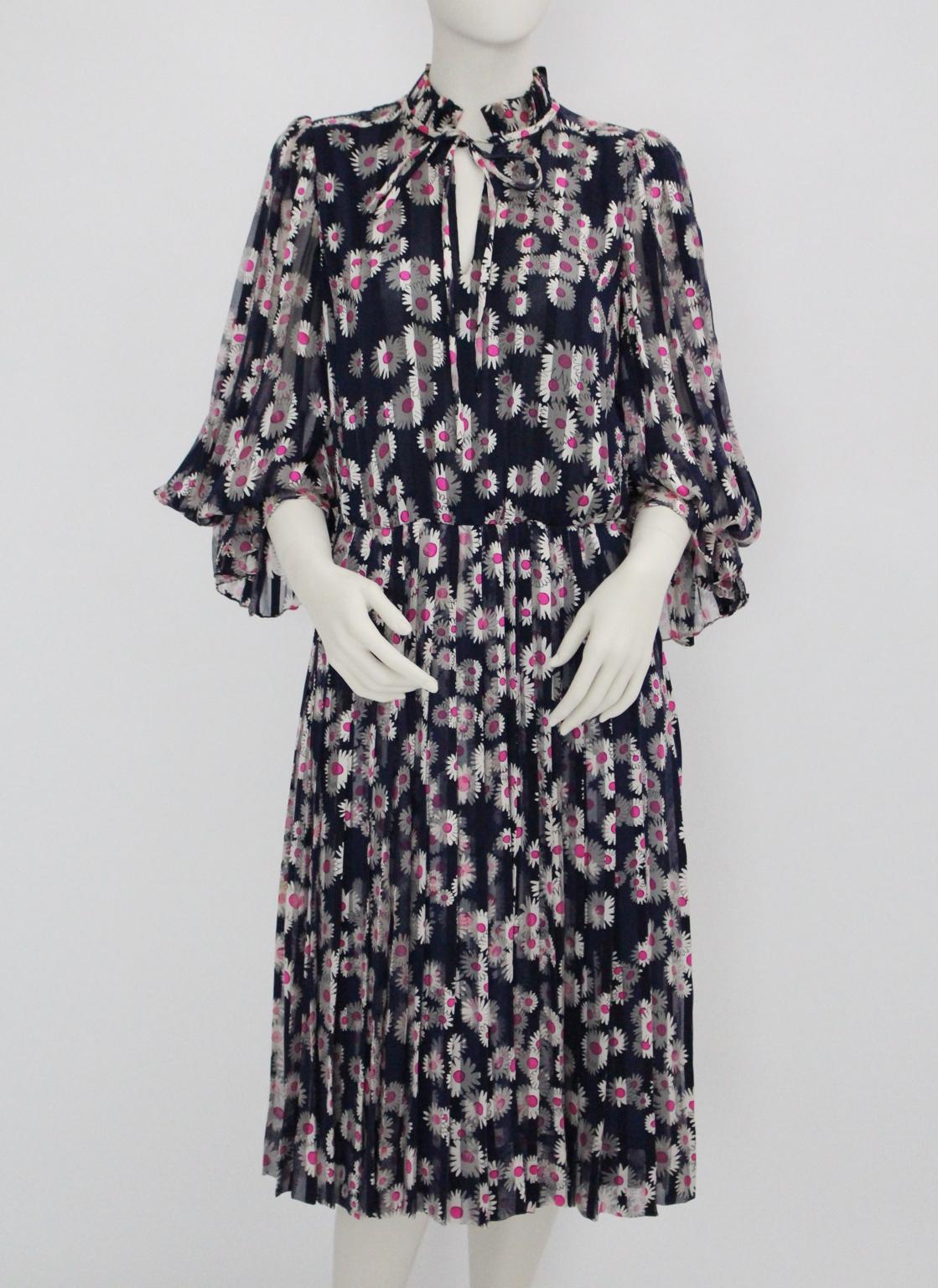Blue Pleated Vintage Silk Day Dress with pink flowers 1980s 5