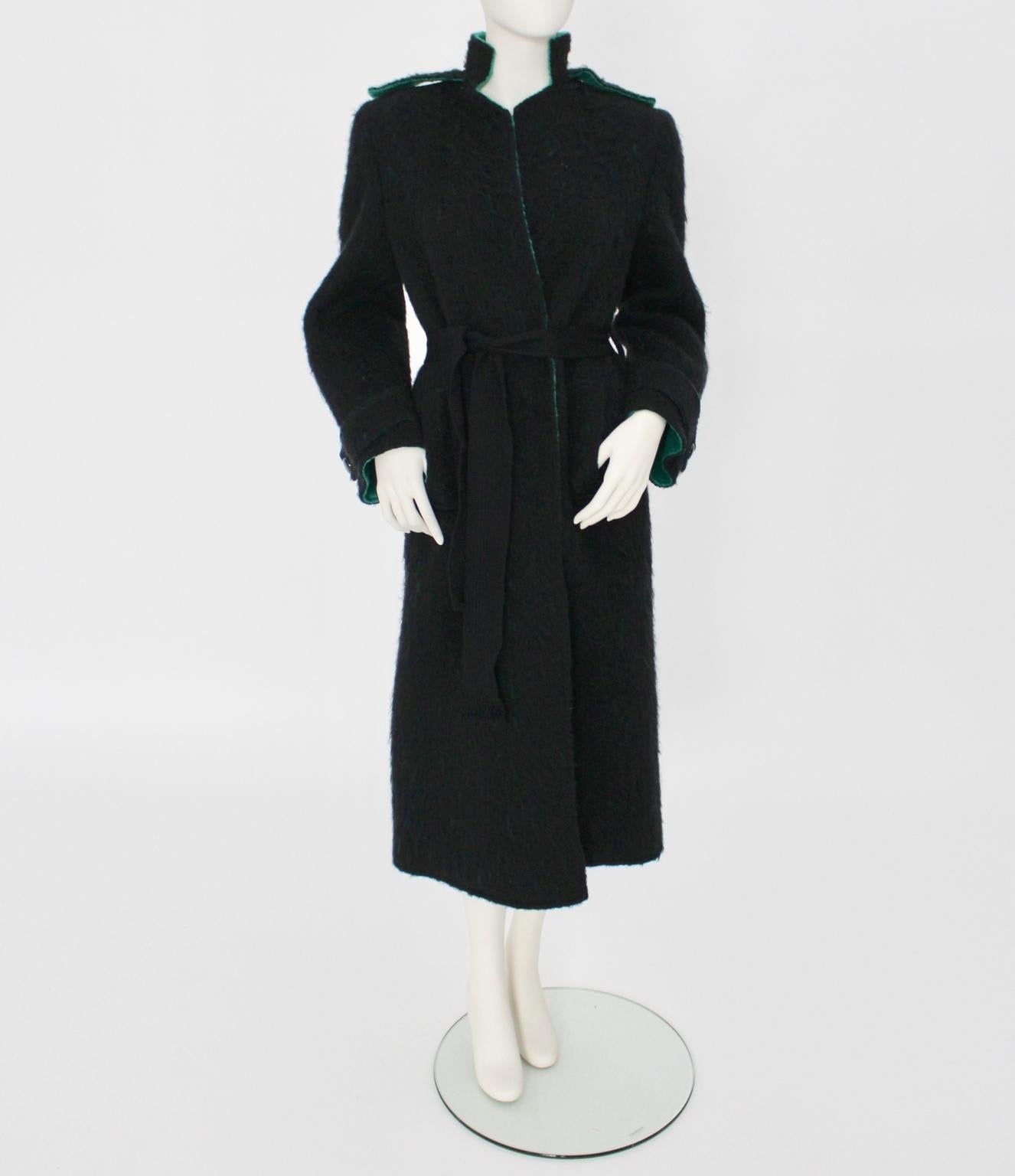Women's Lancetti Roma Vintage Black and Green Wool Coat 1970s For Sale