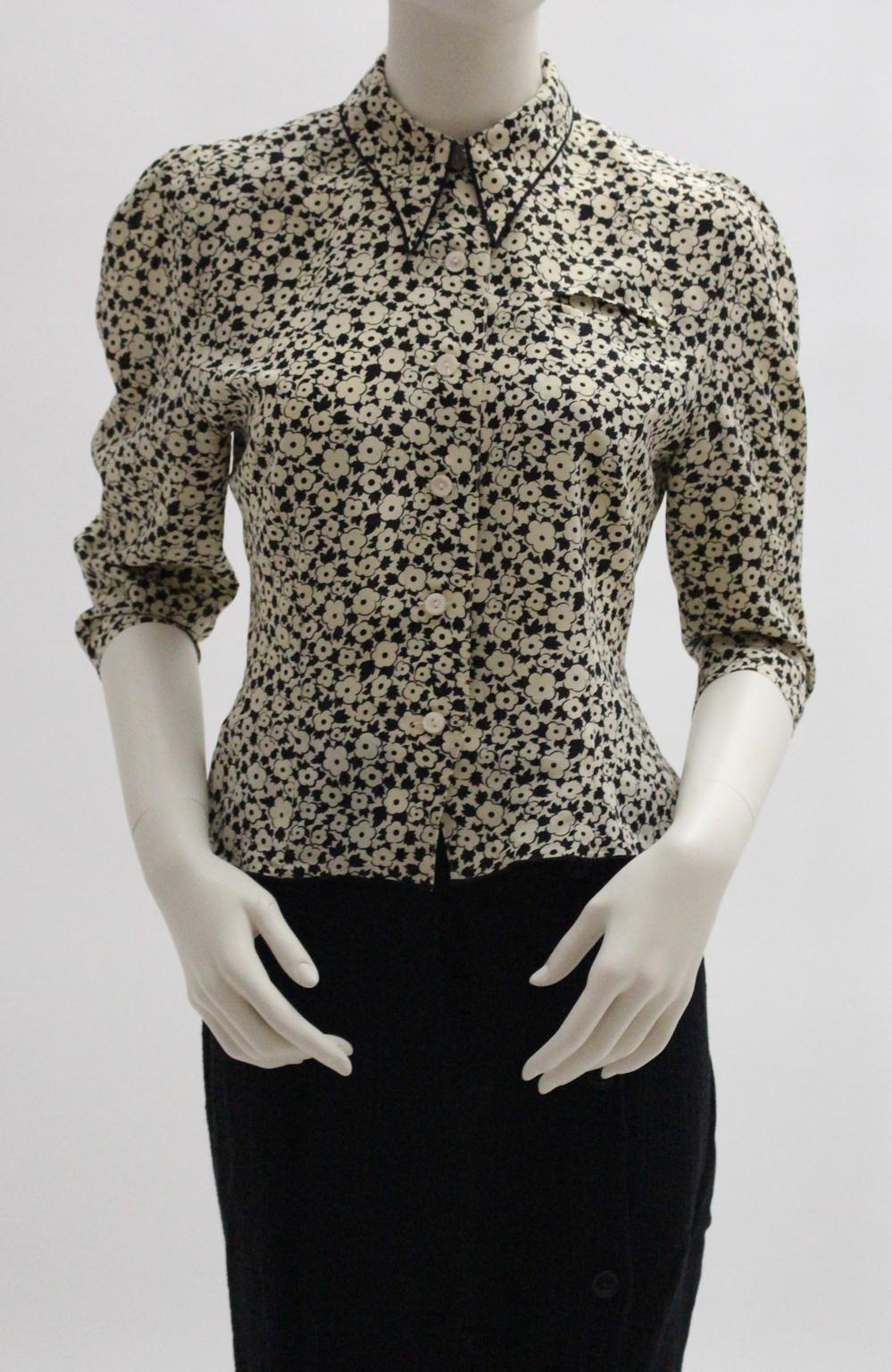Brown Lolita Lempicka Vintage Silk Blouse with Flower Allover Print  1980s For Sale