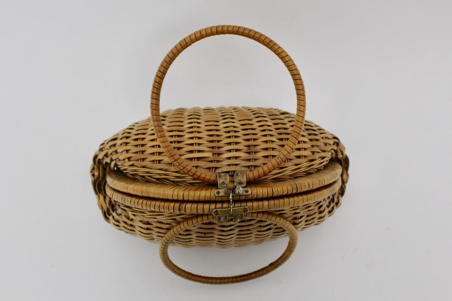 Brown Basket Vintage Rattan Handle Handbag 1950s Italy