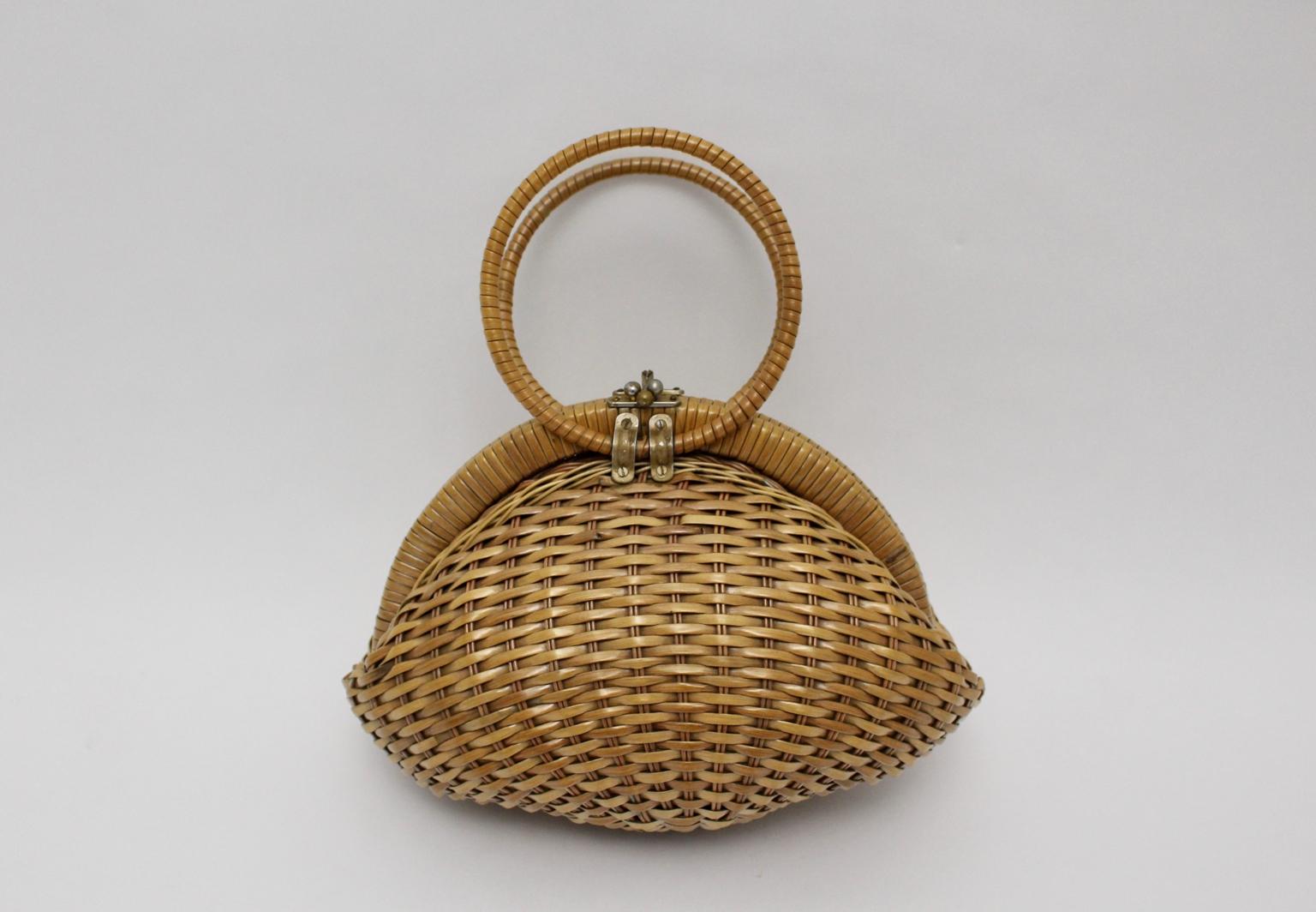 Women's Basket Vintage Rattan Handle Handbag 1950s Italy