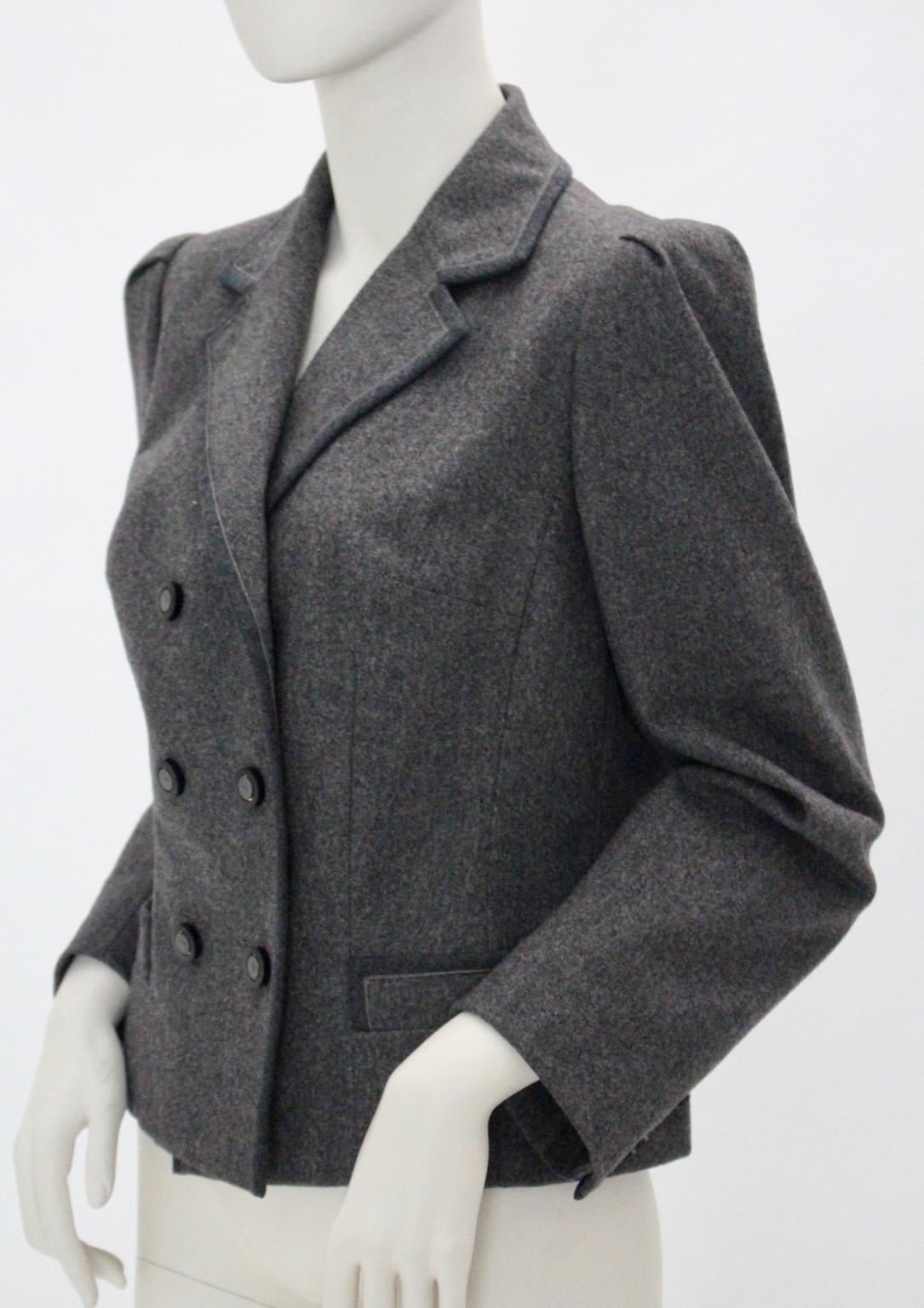 Gray Vintage Grey Flannel Wool Double Breasted Jacket 1980s For Sale