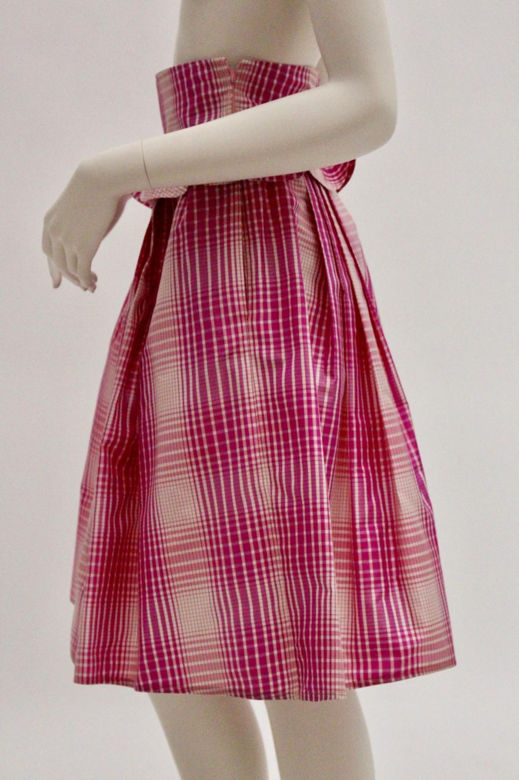 Women's Silk Pink White Checker Vintage High Waist Skirt by Emanuel Ungaro 1980s Paris For Sale