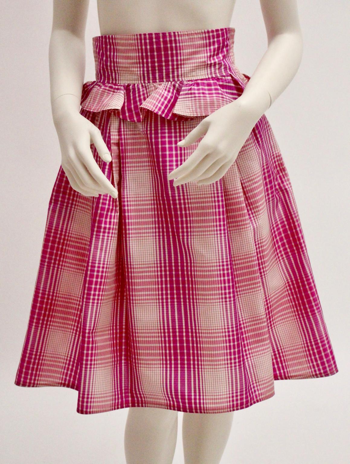 Silk Pink White Checker Vintage High Waist Skirt by Emanuel Ungaro 1980s Paris For Sale 1