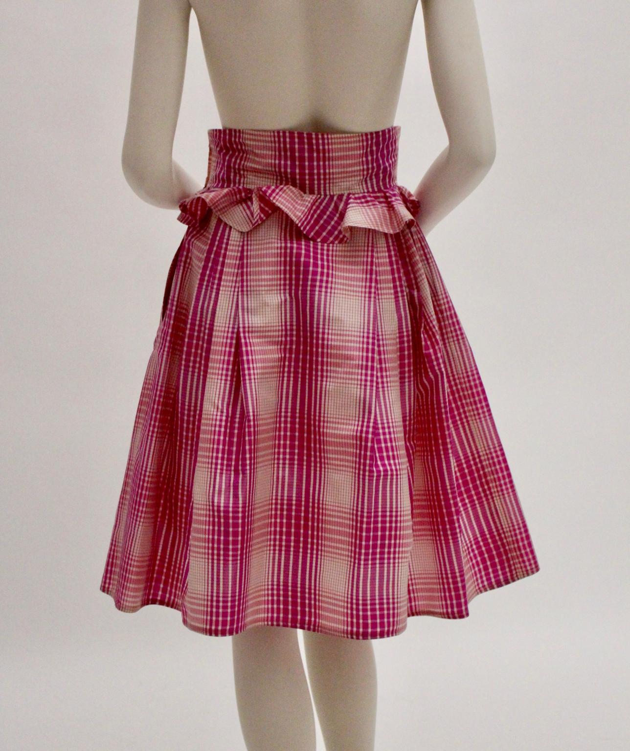 Silk Pink White Checker Vintage High Waist Skirt by Emanuel Ungaro 1980s Paris For Sale 3