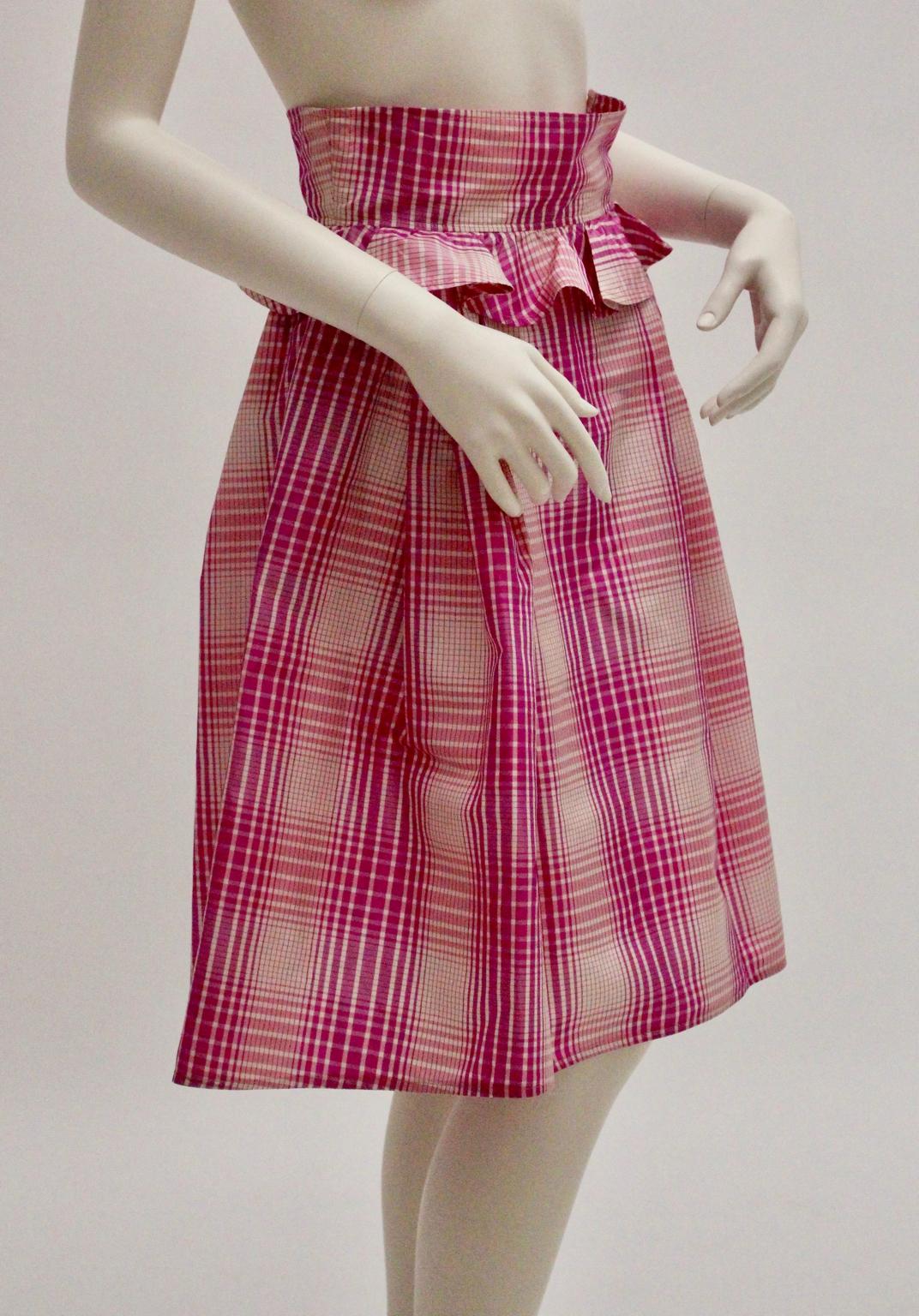 Silk Pink White Checker Vintage High Waist Skirt by Emanuel Ungaro 1980s Paris For Sale 6
