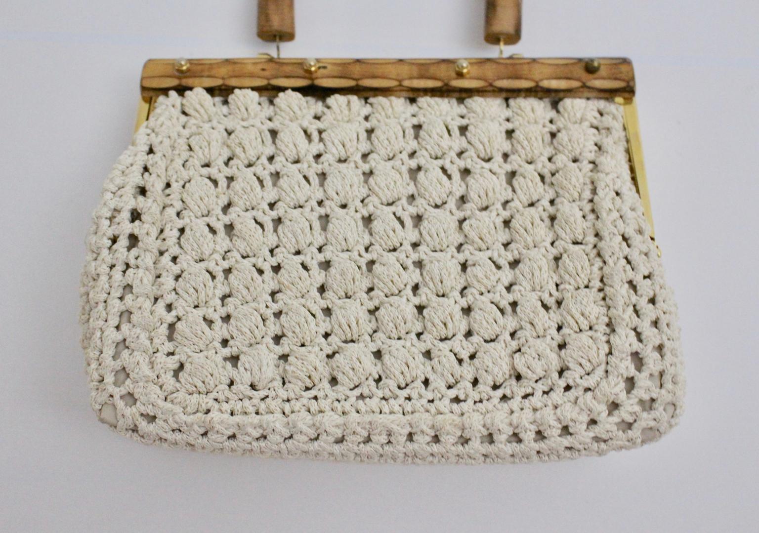 Brown White Vintage Handlebag Crochet Italy, 1960s For Sale