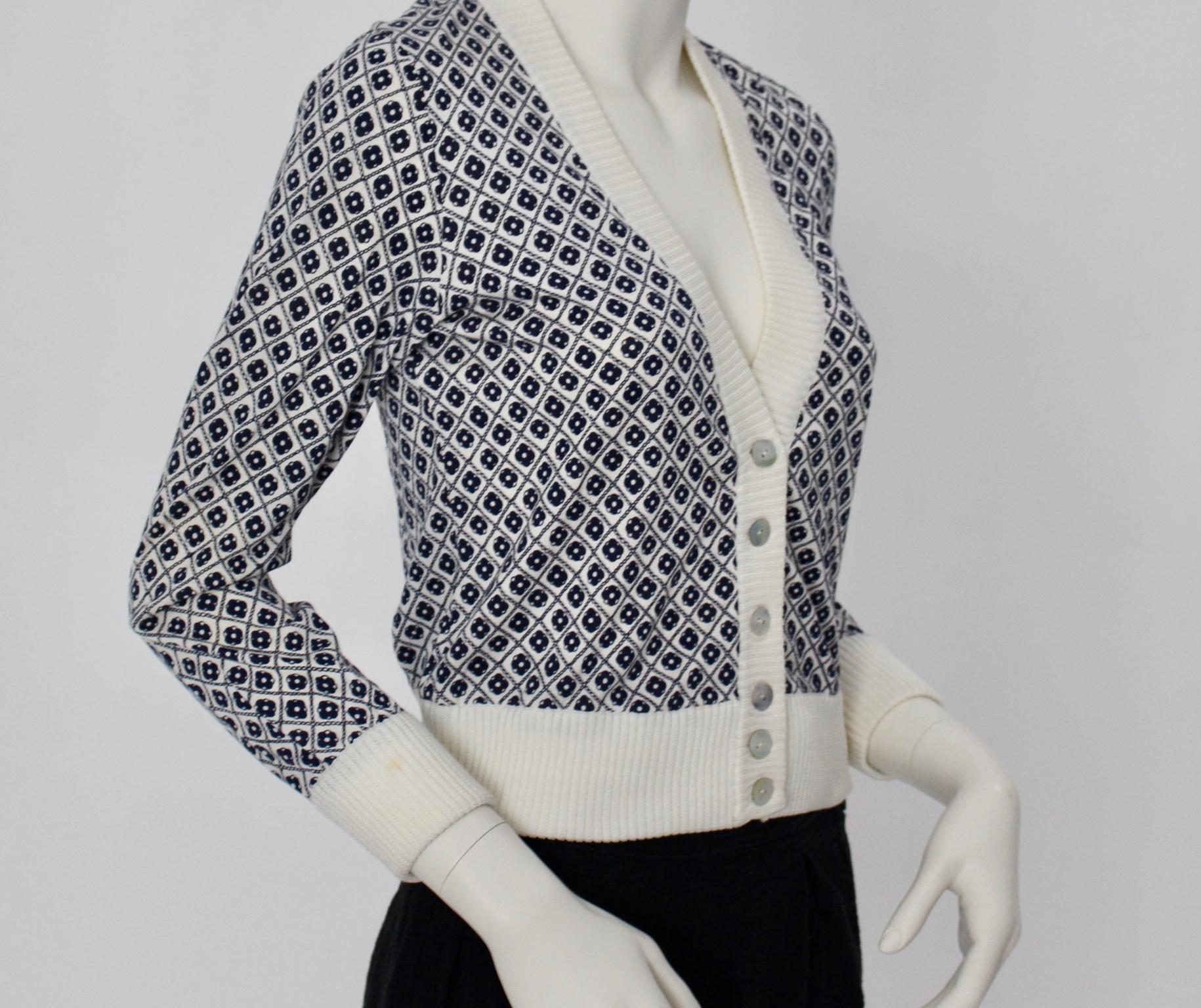 Rose Bernard Vintage Blue White Allover Pattern Cardigan, 1960s For Sale 4