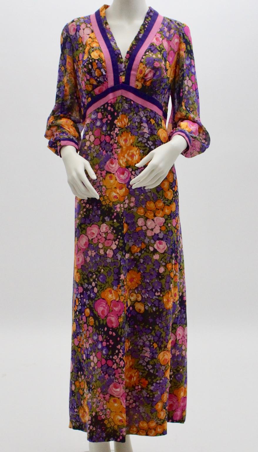 Black Herbert Schill Vintage Flower Print Boho Maxi Dress 1970s For Sale