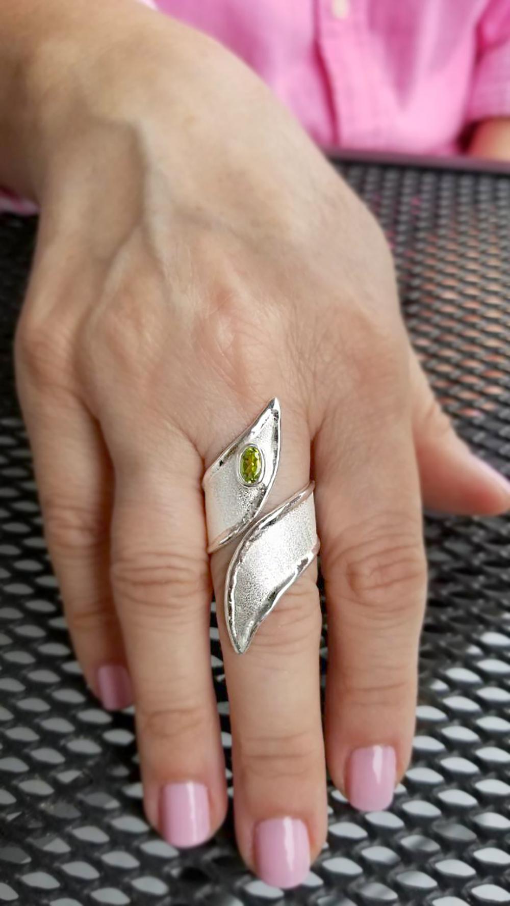 Oval Cut Yianni Creations 0.50 Carat Peridot Fine Silver 950 Statement Wrap Ring  For Sale