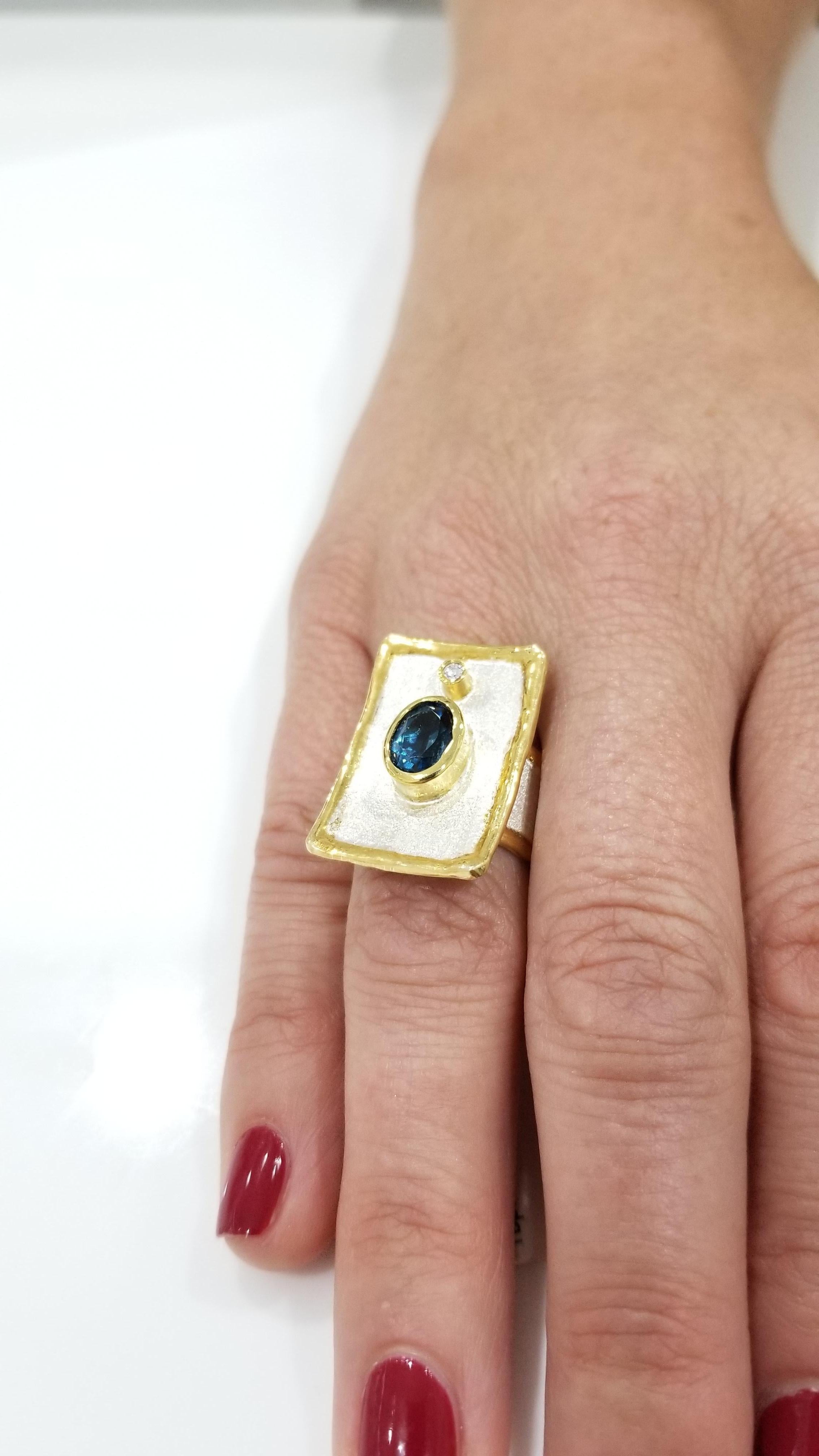 Artisan Yianni Creations Fine Silver and Gold 1.60 Carat London Blue Topaz Diamond Ring For Sale