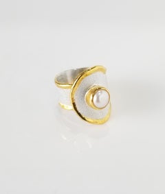 Yianni Creations 7MM Pearl Fine Silver 24 Karat Yellow Gold Artisan Ring