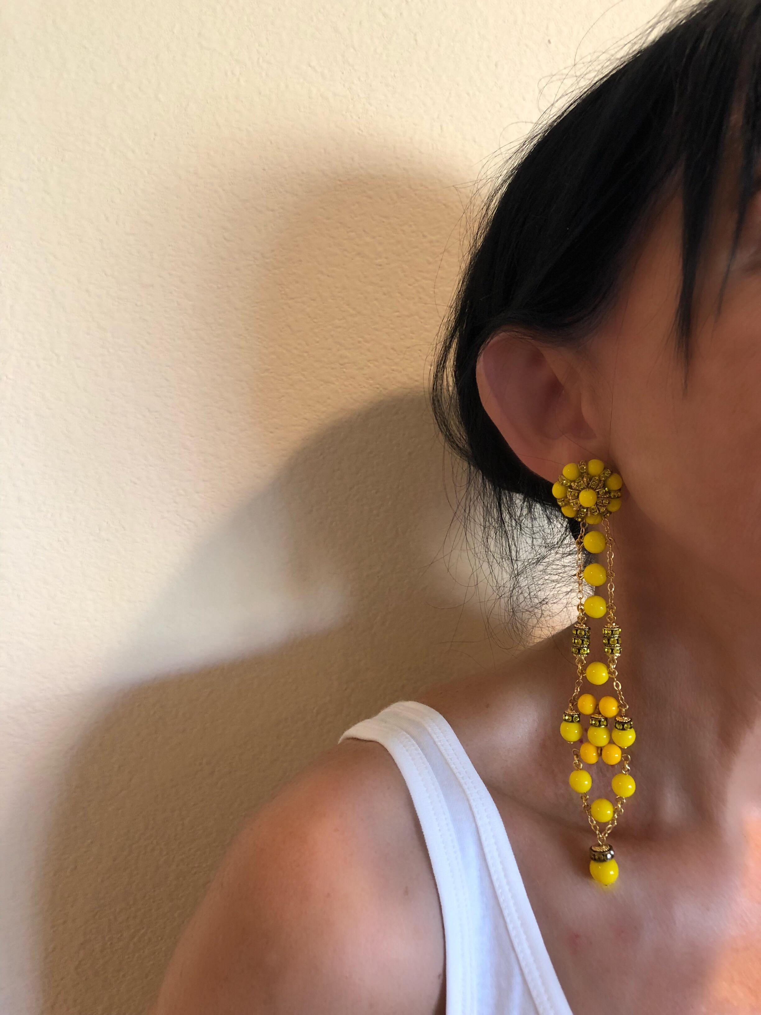 Contemporary Dramatic French Yellow Shoulder Duster Statement Earrings 