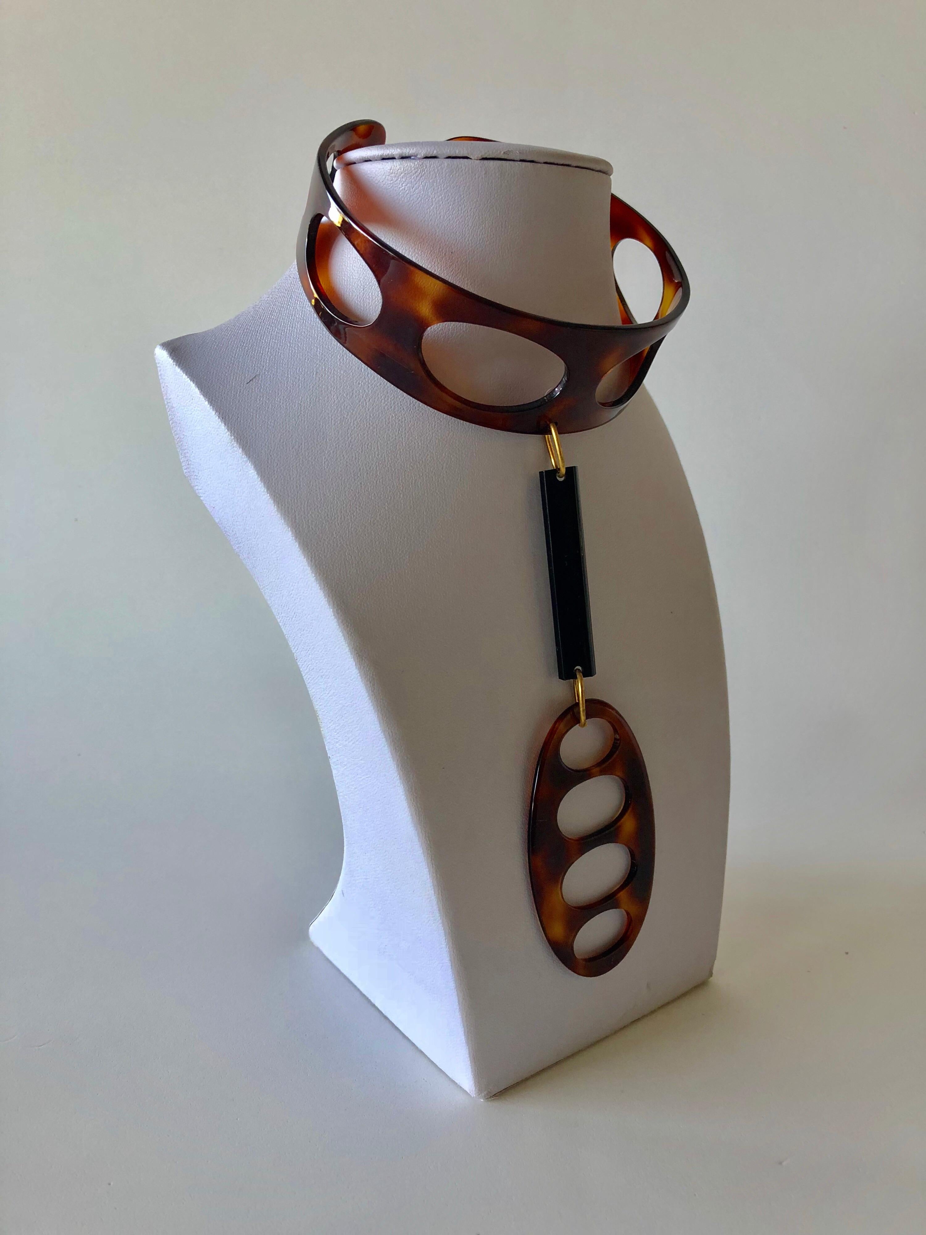 Vintage French 1970’s Faux Tortoise Modernist Statement Necklace  2