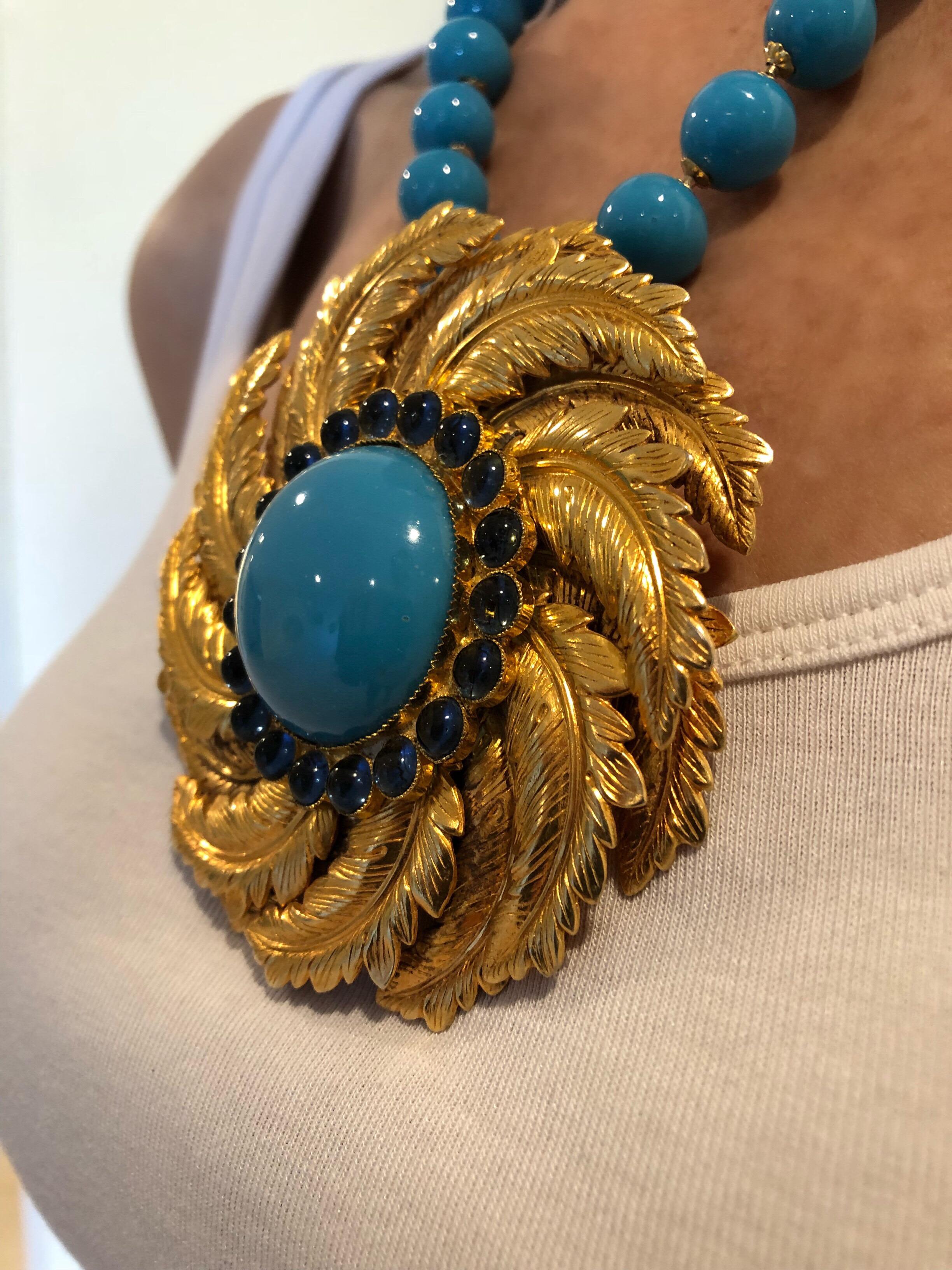 Modern Vintage de Lillo Turquoise Gold Statement Pendant Necklace 