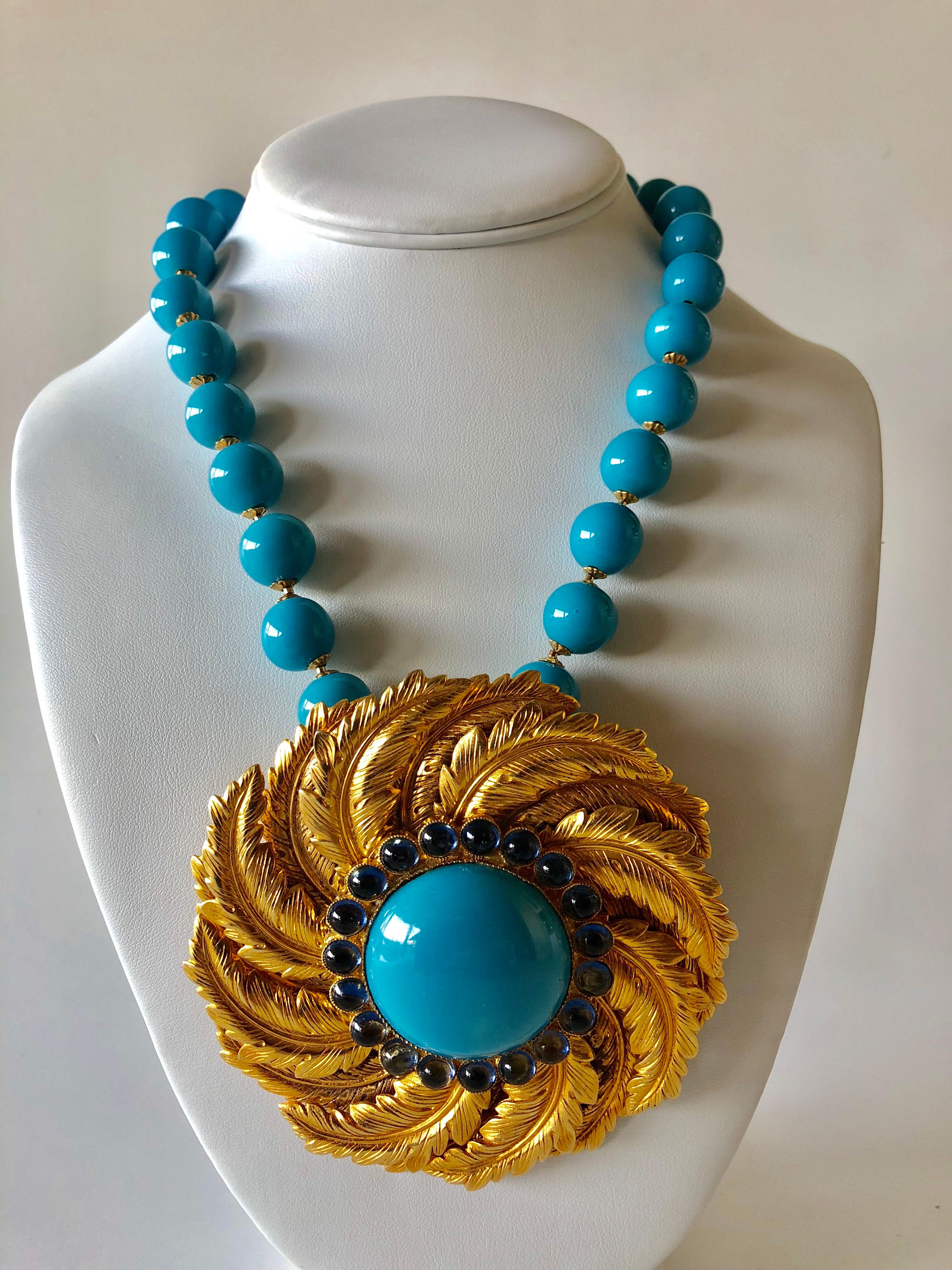 Women's Vintage de Lillo Turquoise Gold Statement Pendant Necklace 