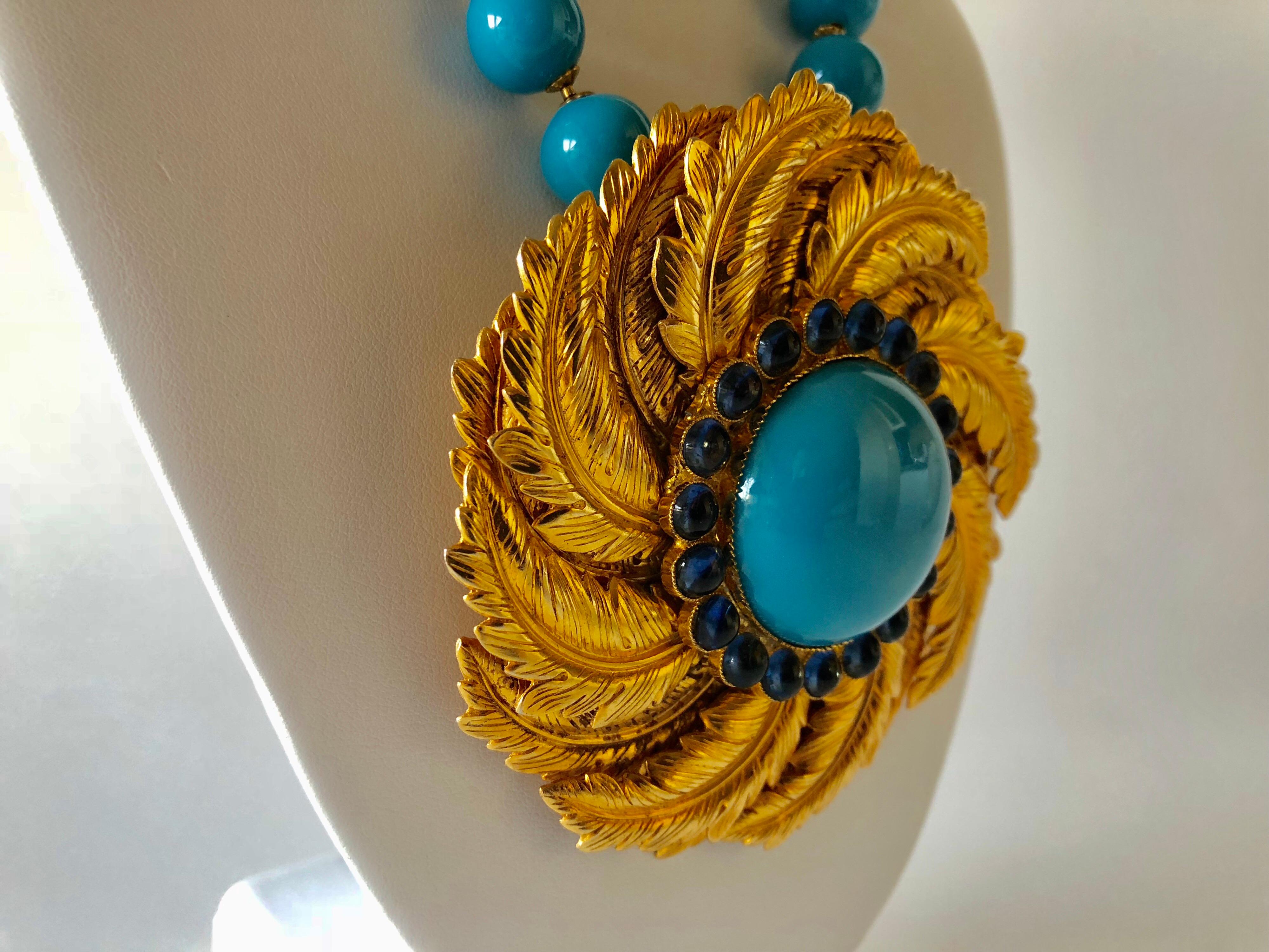 Vintage de Lillo Turquoise Gold Statement Pendant Necklace  2