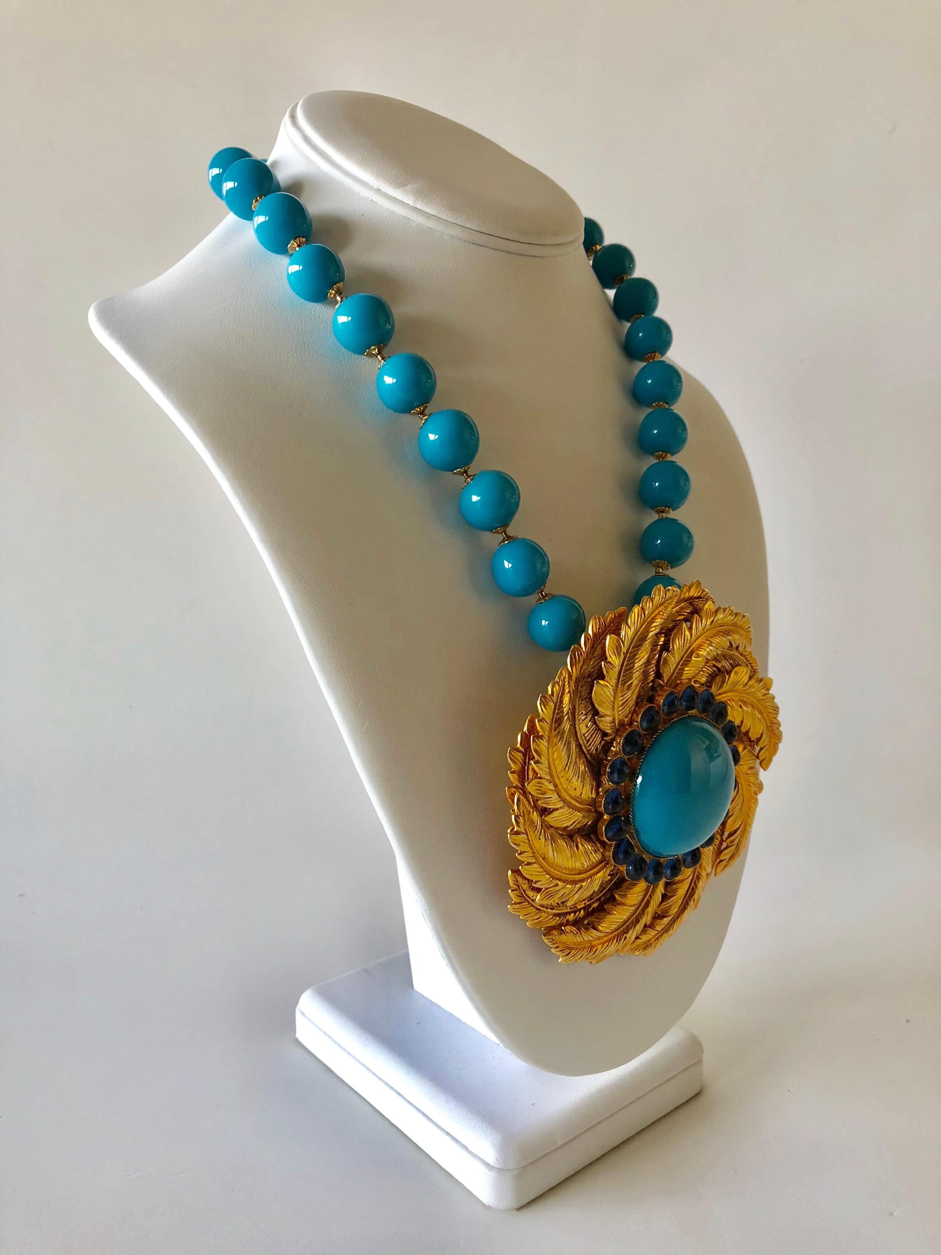 Vintage de Lillo Turquoise Gold Statement Pendant Necklace  1