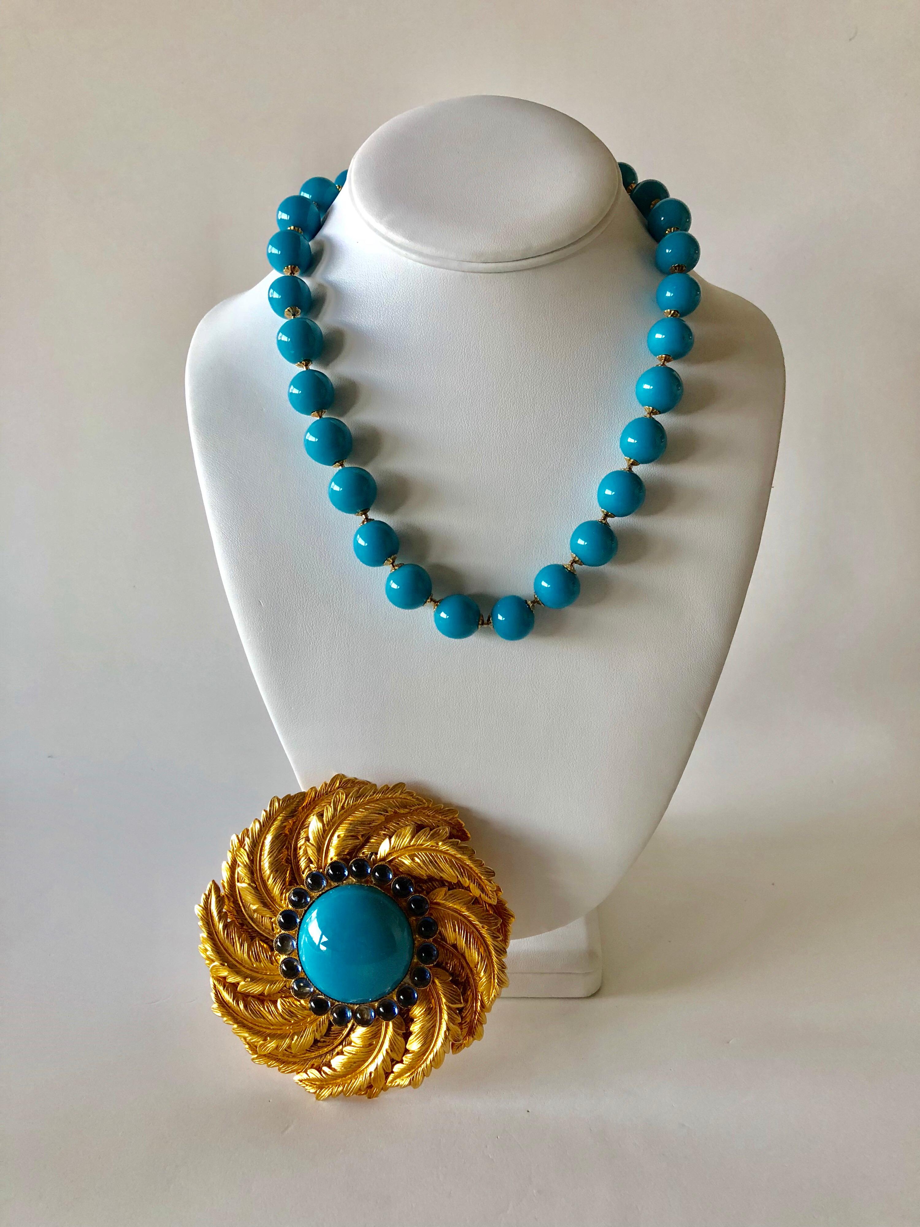Vintage de Lillo Turquoise Gold Statement Pendant Necklace  3