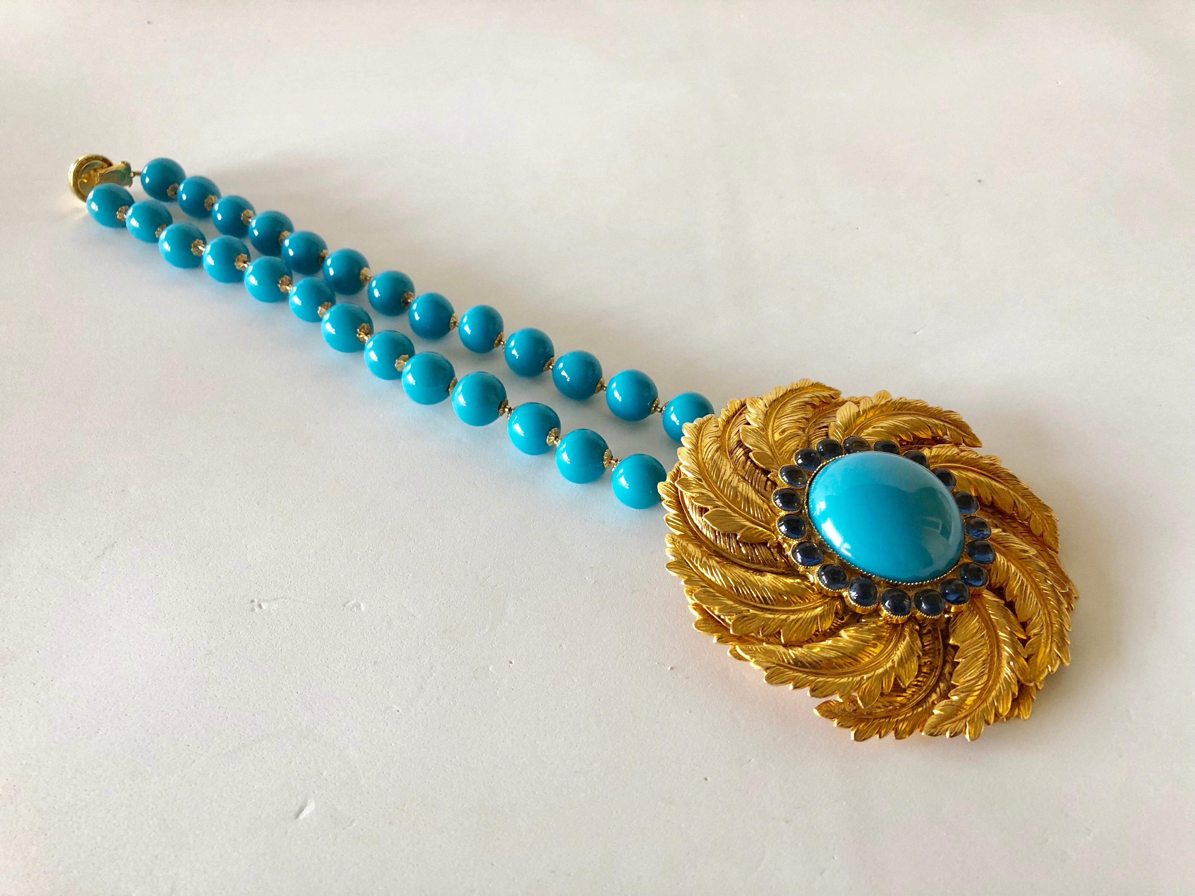 Vintage de Lillo Turquoise Gold Statement Pendant Necklace  7