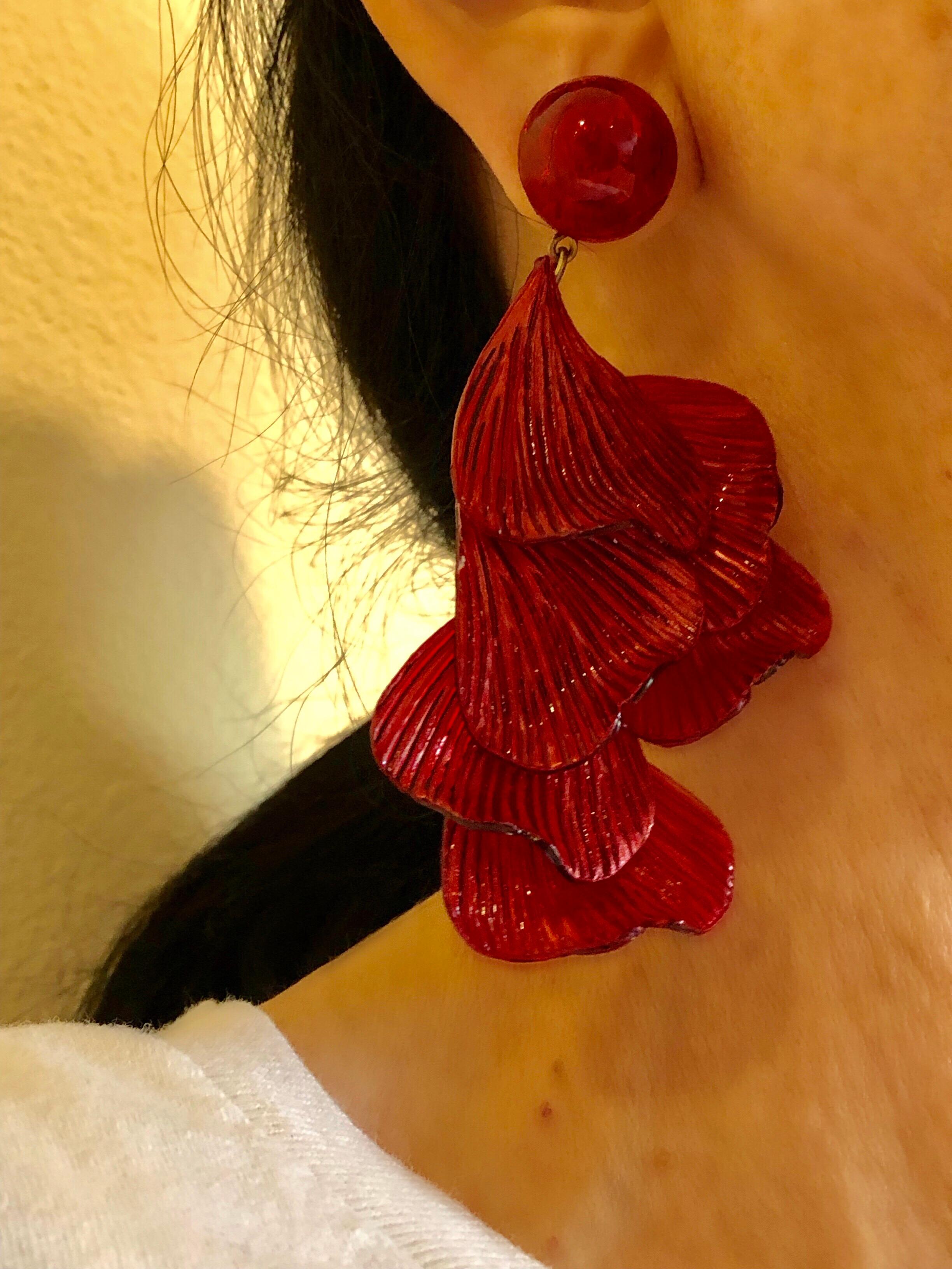 Contemporary French Architectural Red Wave Statement Earrings 