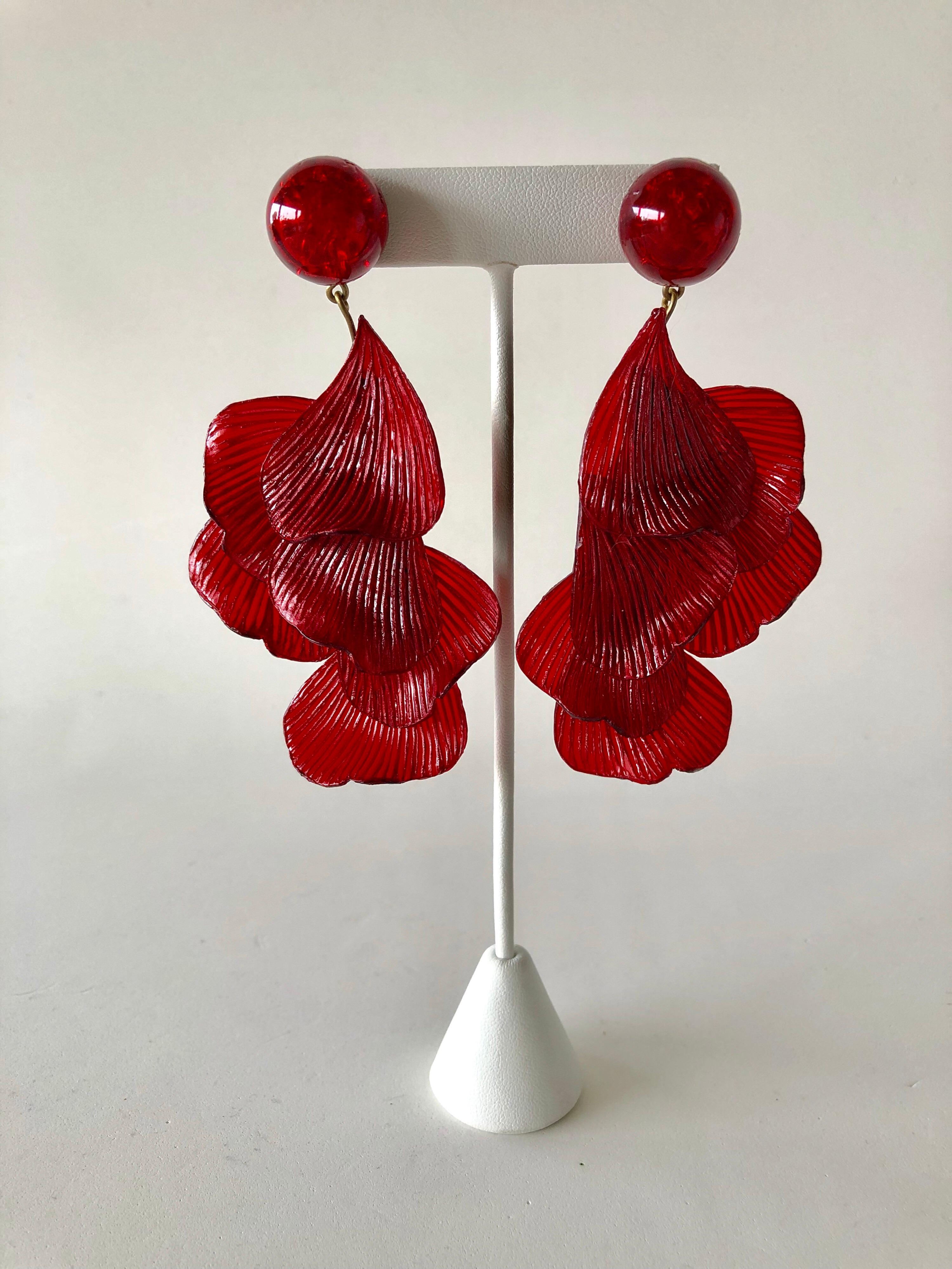 Women's French Architectural Red Wave Statement Earrings 