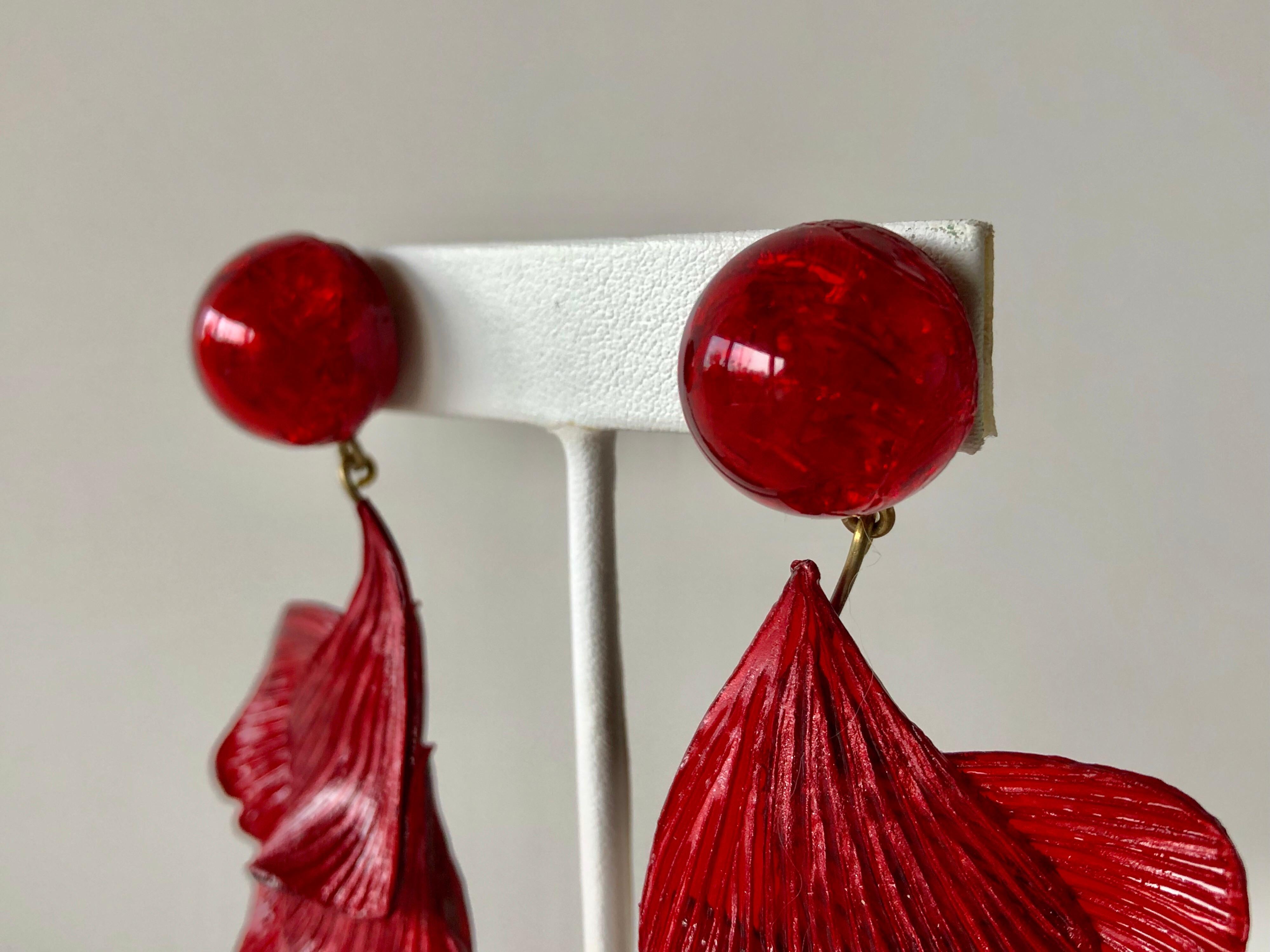 French Architectural Red Wave Statement Earrings  3