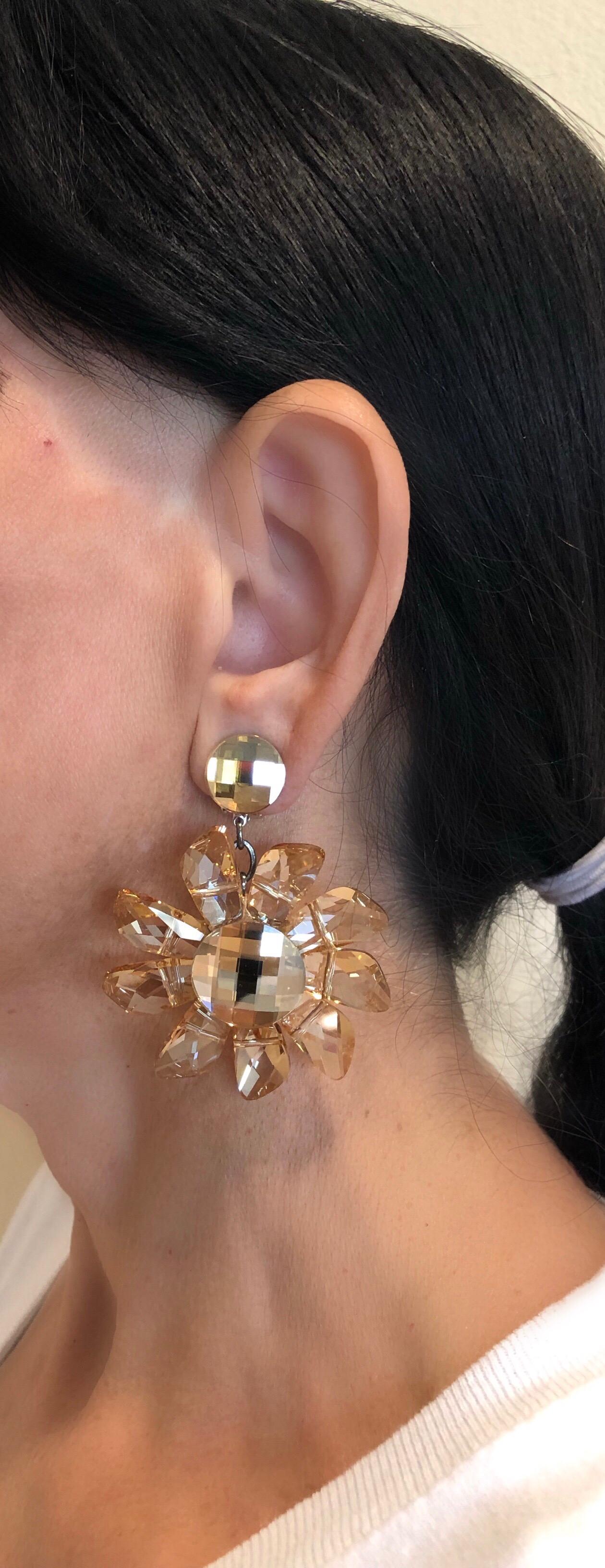 Contemporary Vintage French Champagne Flower Statement Earrings 