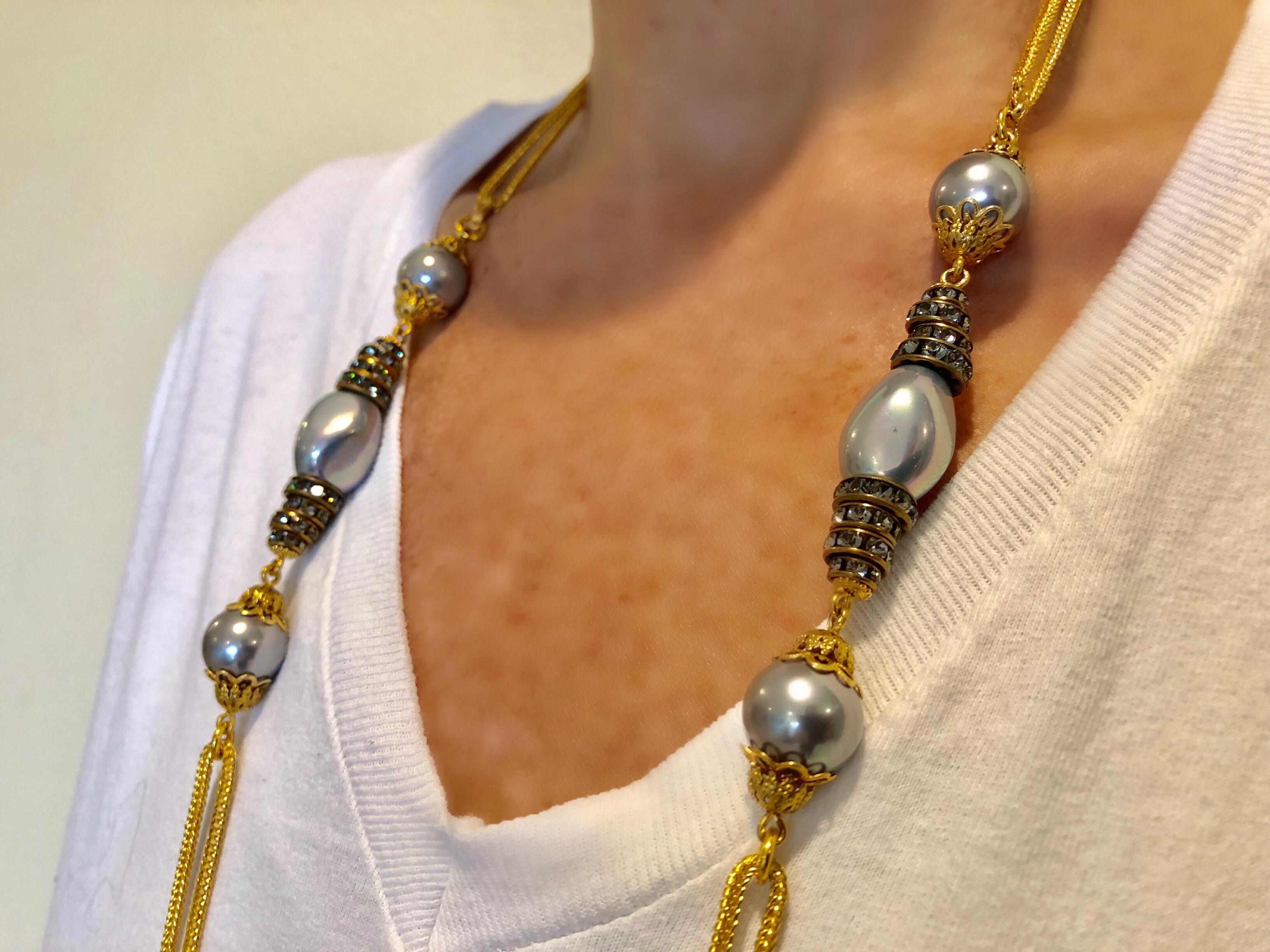 Gilt Gray Baroque Pearl Diamanté French Statement Necklace  2