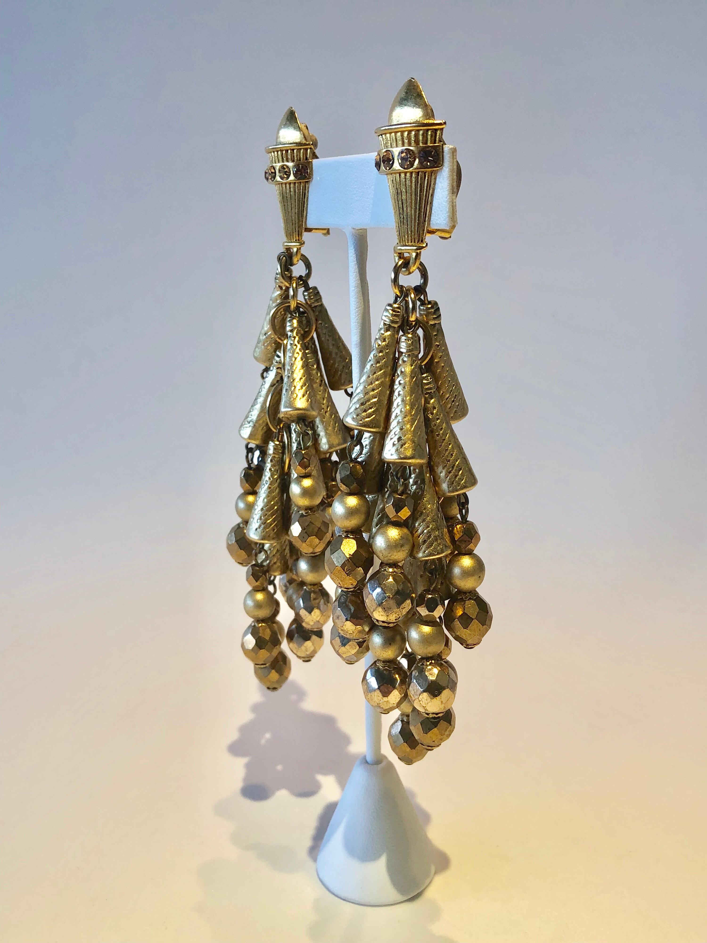 Vintage Designer Gilt Architectural Dangle Statement Earrings  2