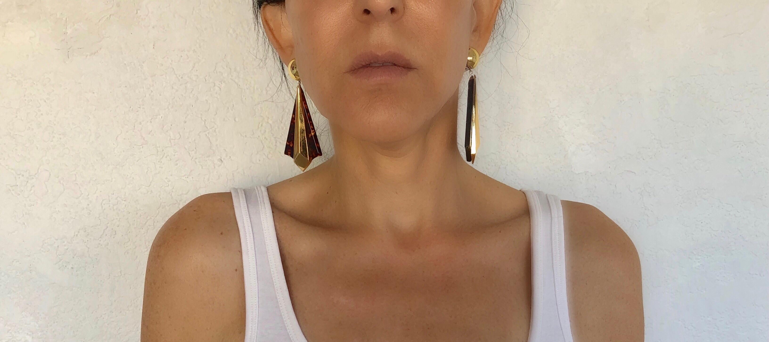 Vintage French architectural statements earrings made in Paris France circa 1980's - the artchitectural earrings are comprised of faux tortoise acrylic and are accented with gold findings. The clip-on earrings are lighweight and comfortable to wear. 