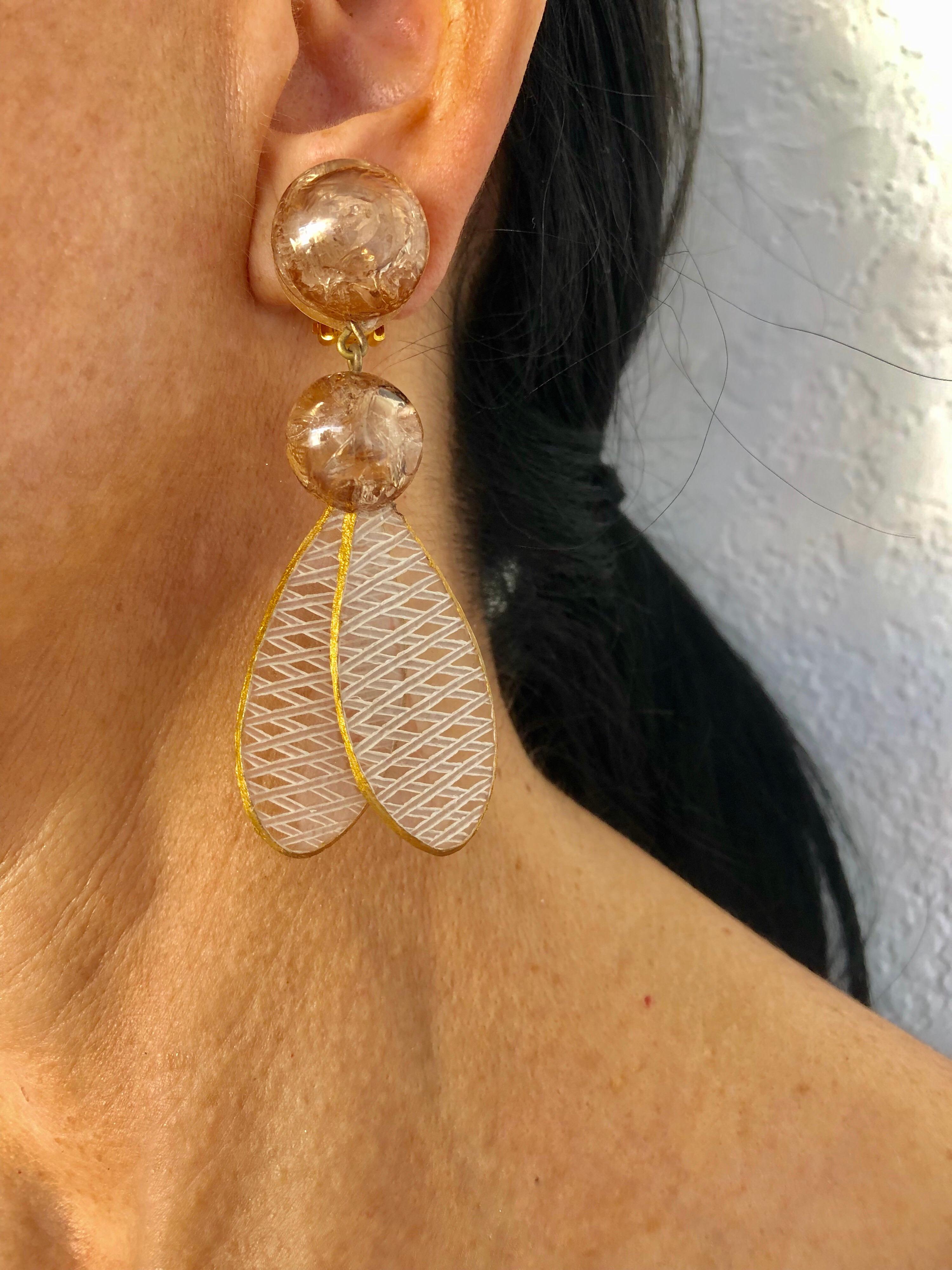 Contemporary Champagne Lucite Chandelier Statement Earrings by Cilea Paris 