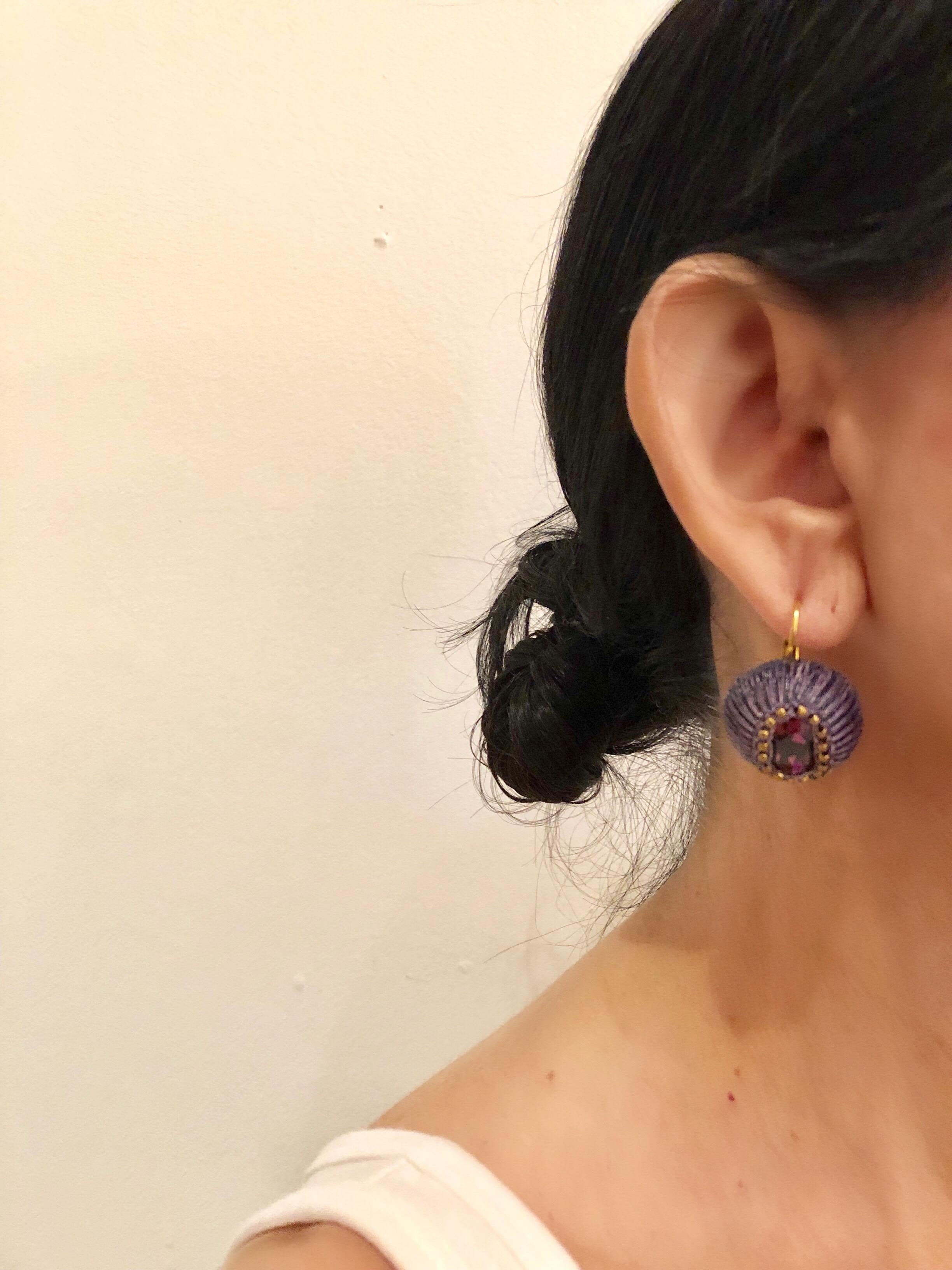 Contemporary Gilt Purple Artisanal Drop Statement Earrings 