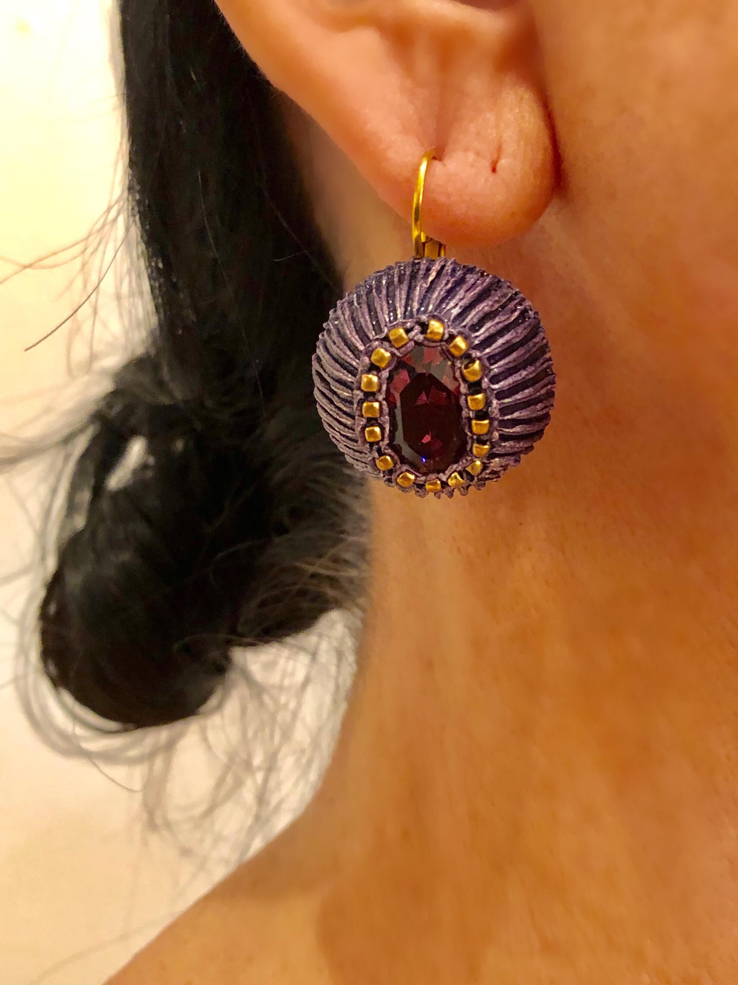 Gilt Purple Artisanal Drop Statement Earrings  In Excellent Condition In Palm Springs, CA