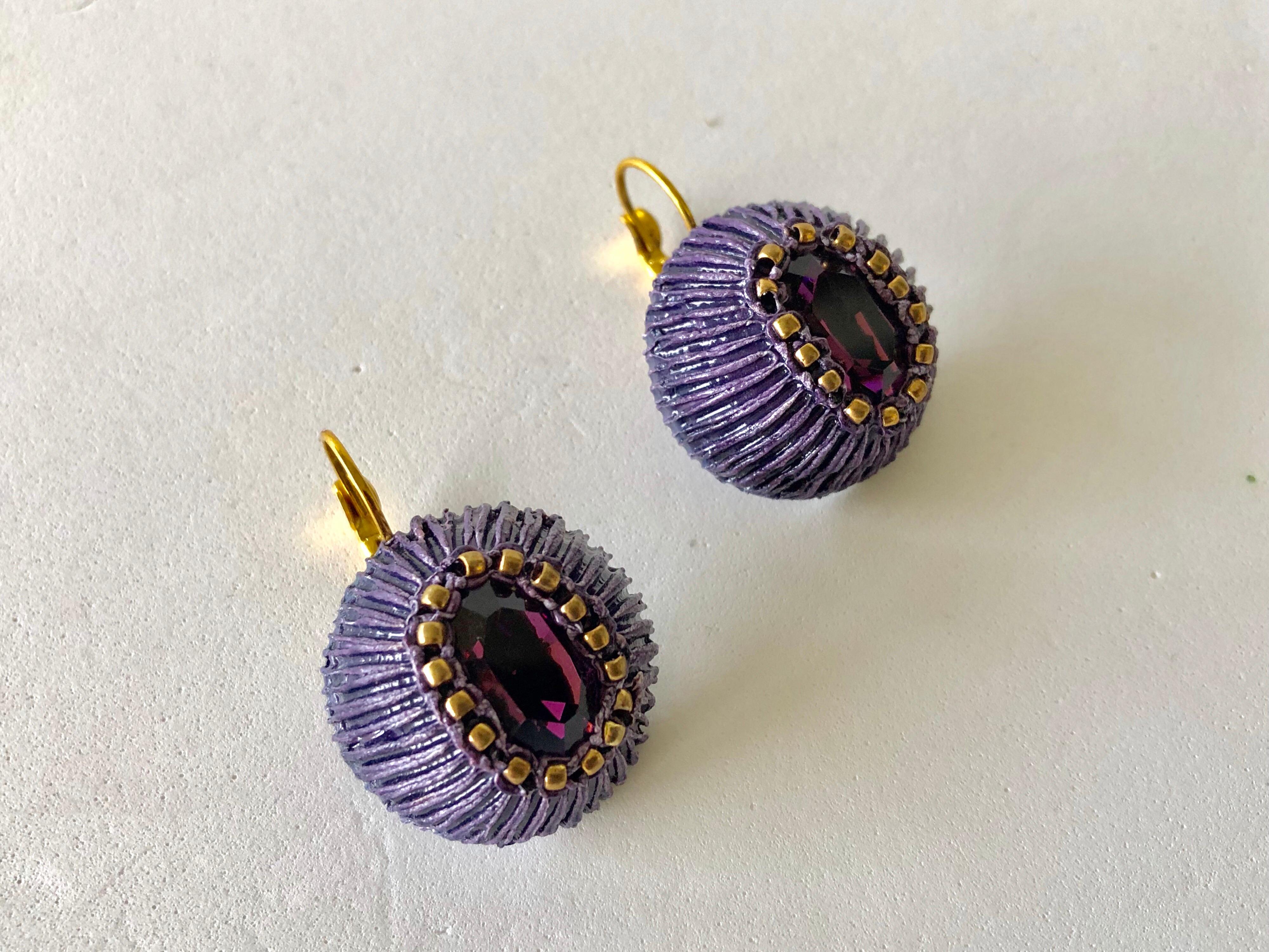 Gilt Purple Artisanal Drop Statement Earrings  4