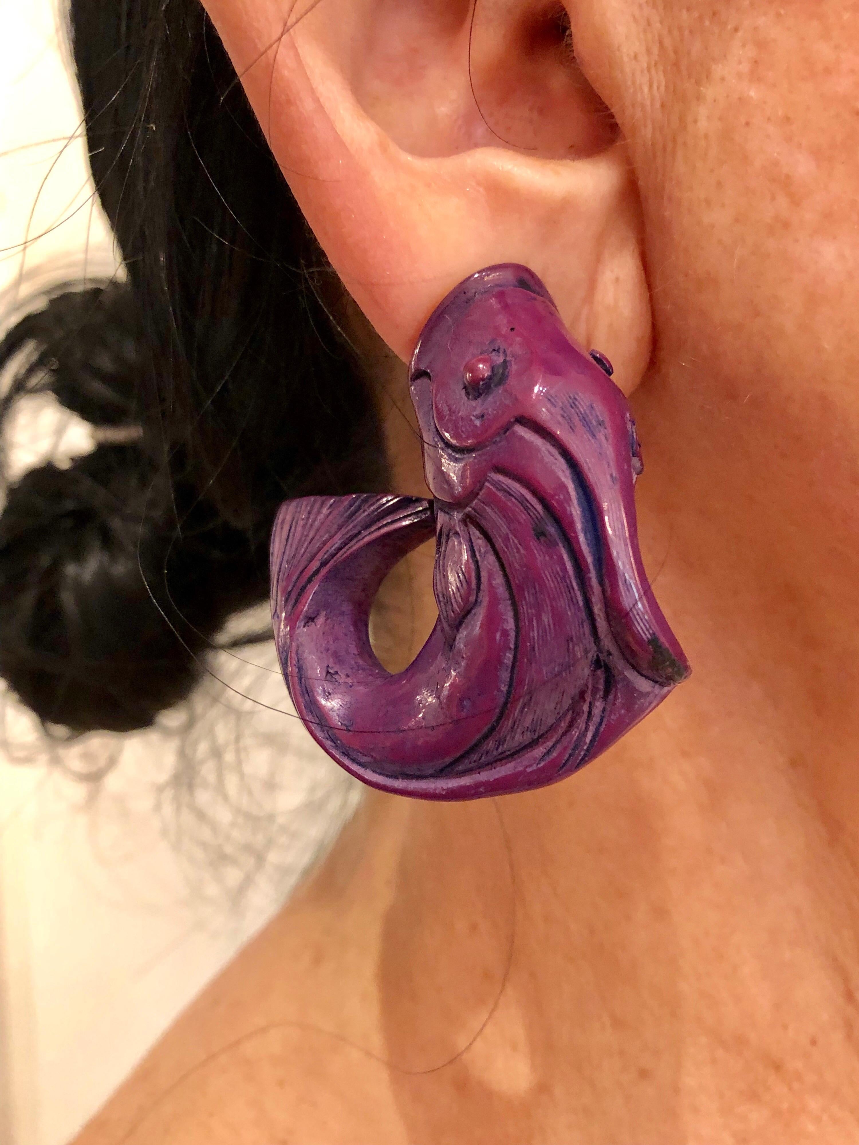 Contemporary Vintage Purple High Fashion Fish Statement Earrings 