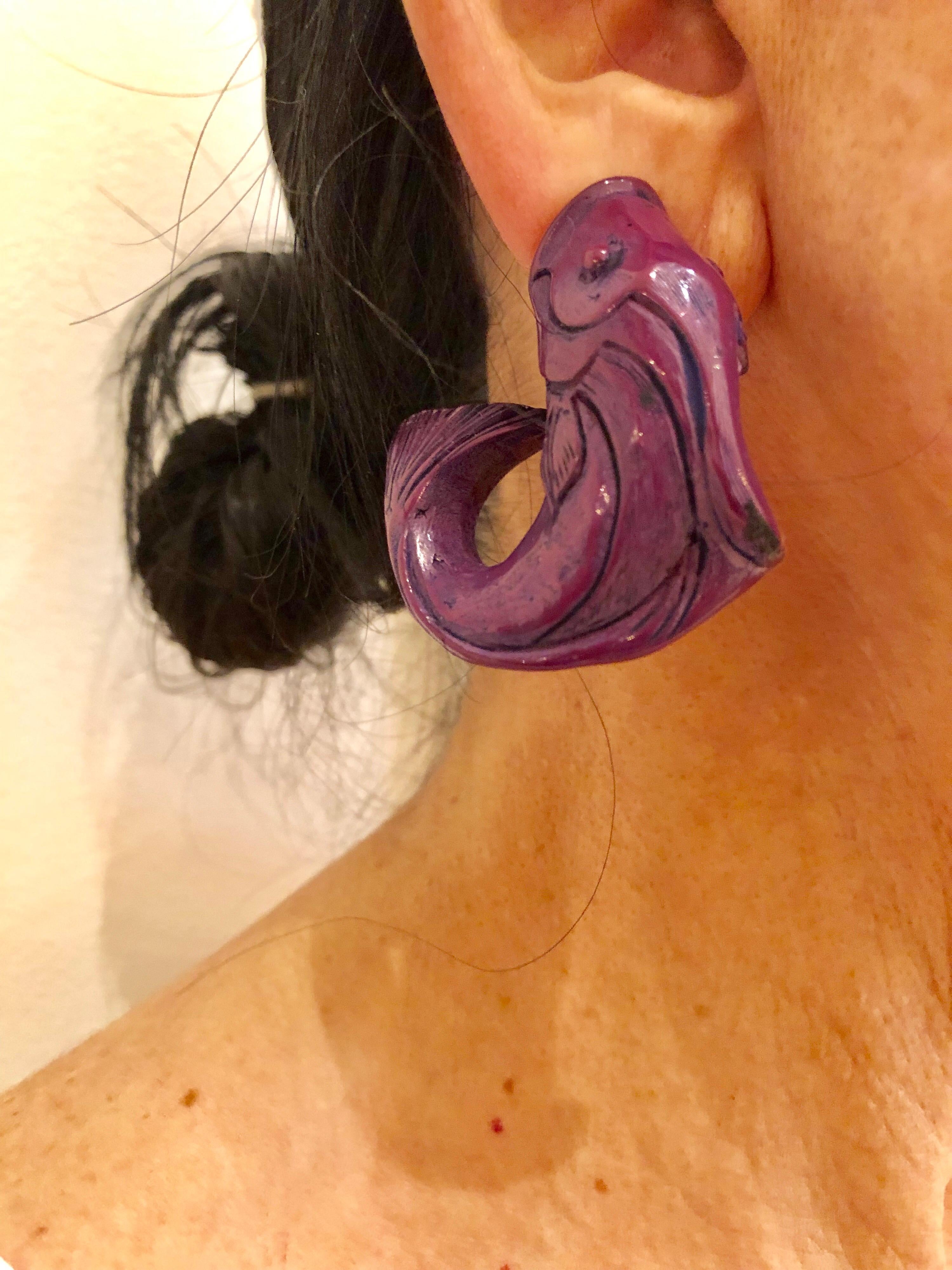 Vintage Purple High Fashion Fish Statement Earrings  1