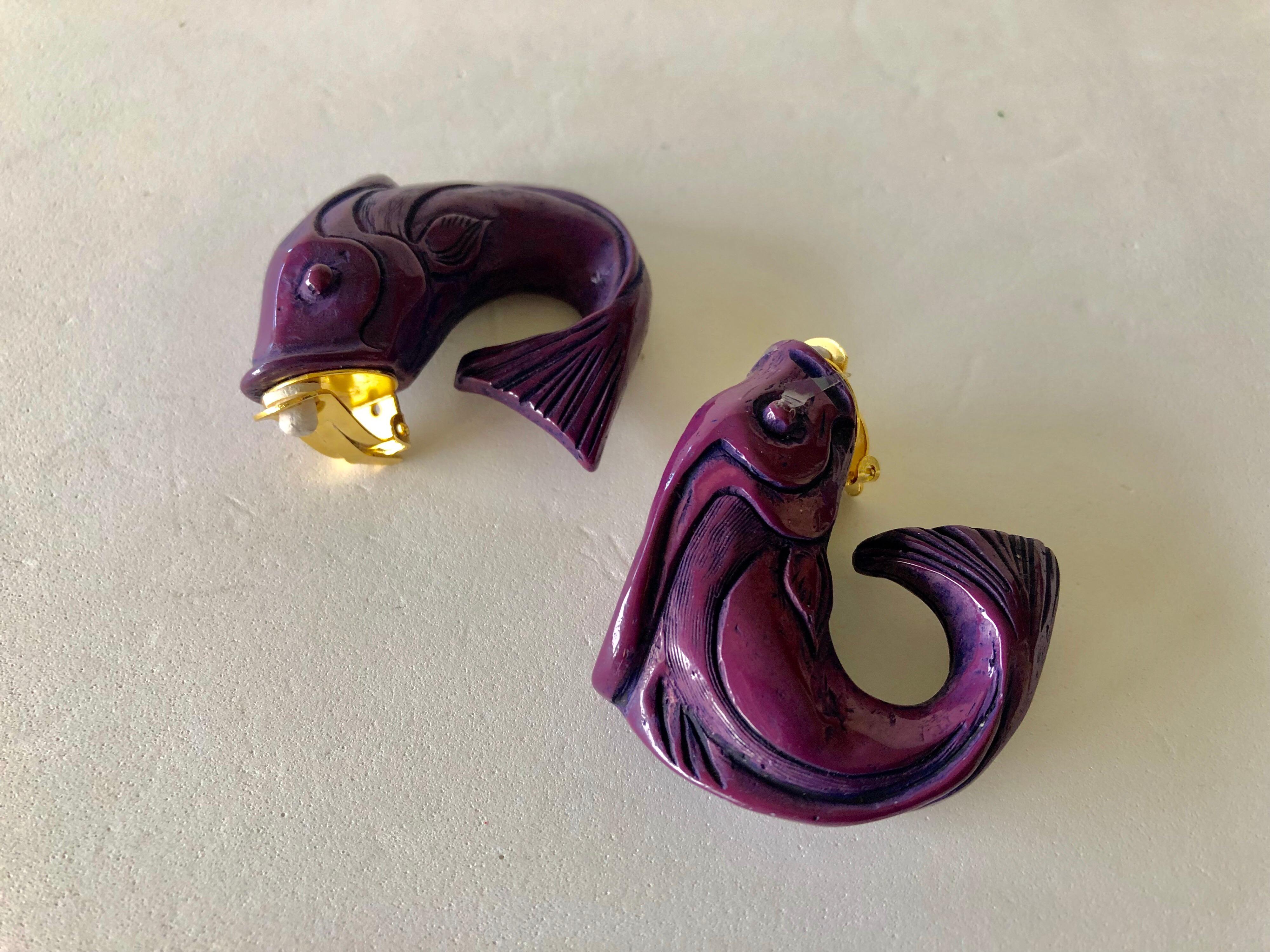 Vintage Purple High Fashion Fish Statement Earrings  2