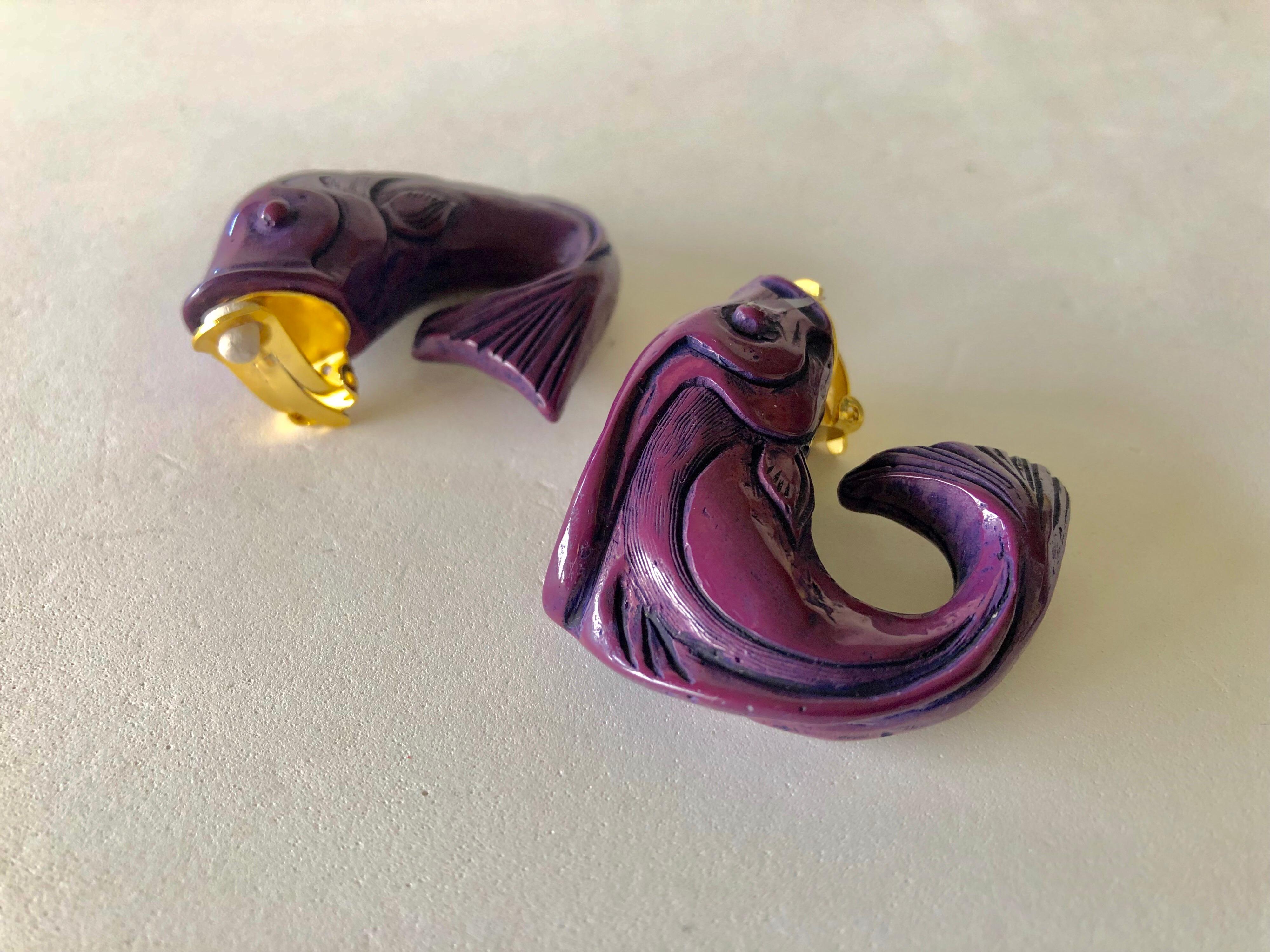 Vintage Purple High Fashion Fish Statement Earrings  3