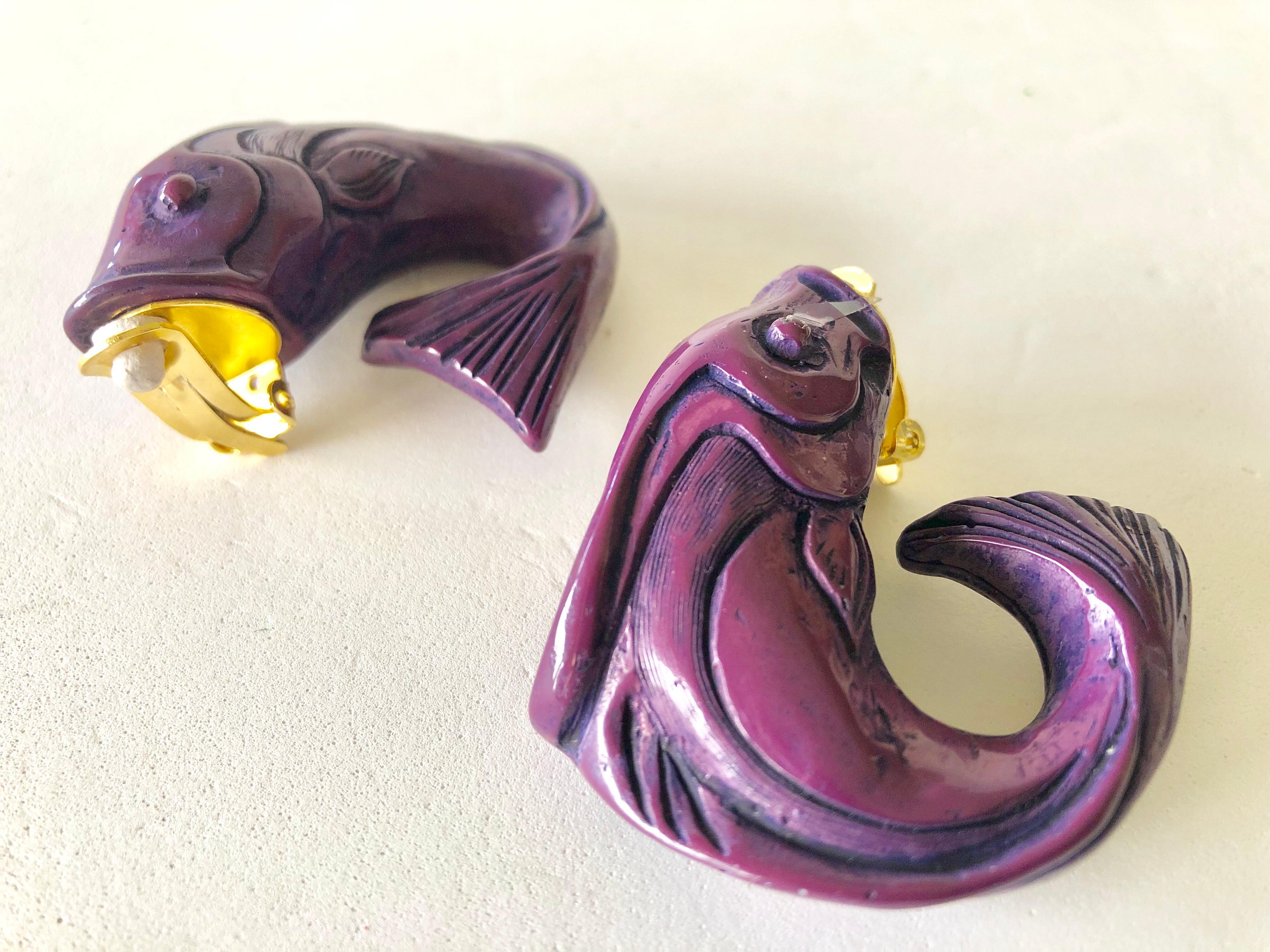 Vintage Purple High Fashion Fish Statement Earrings  4