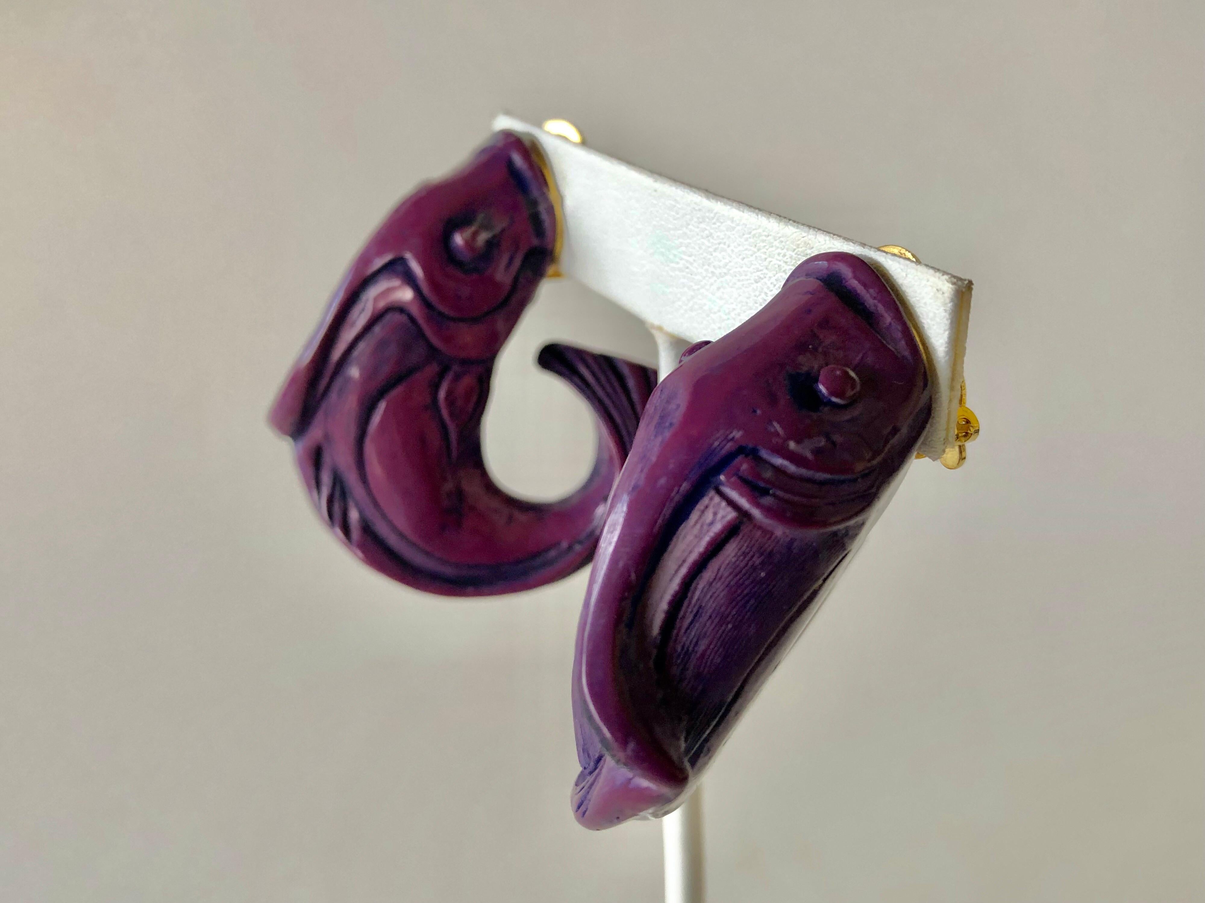 Vintage Purple High Fashion Fish Statement Earrings  6