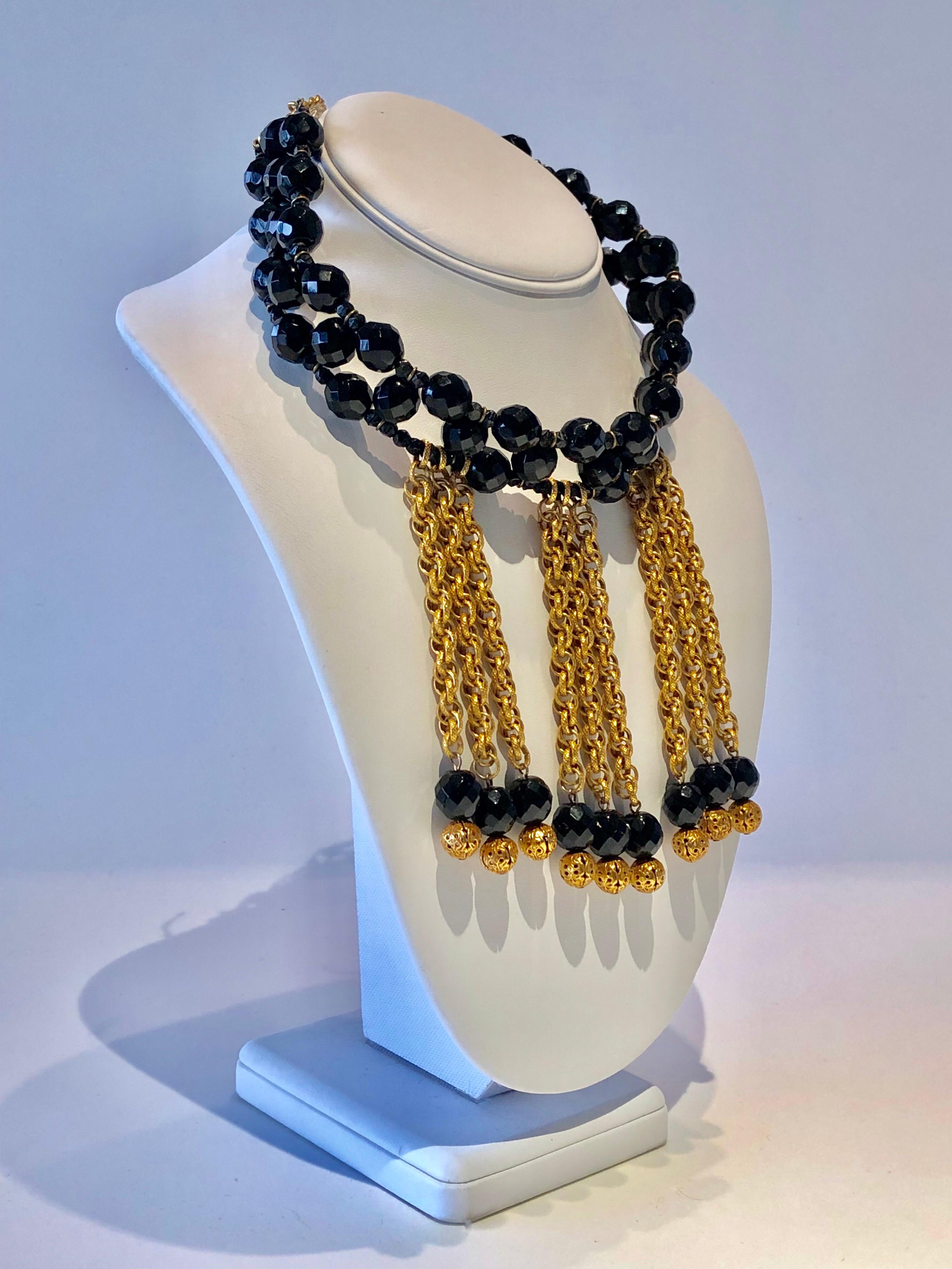 A rare find - vintage Christian Dior fringe statement bib necklace c.1973 - the chunky edgy and modern necklace is comprised of two rows of woven faceted jet crystal beads. The design is an example of Dior's experimentation of the 1970s when the