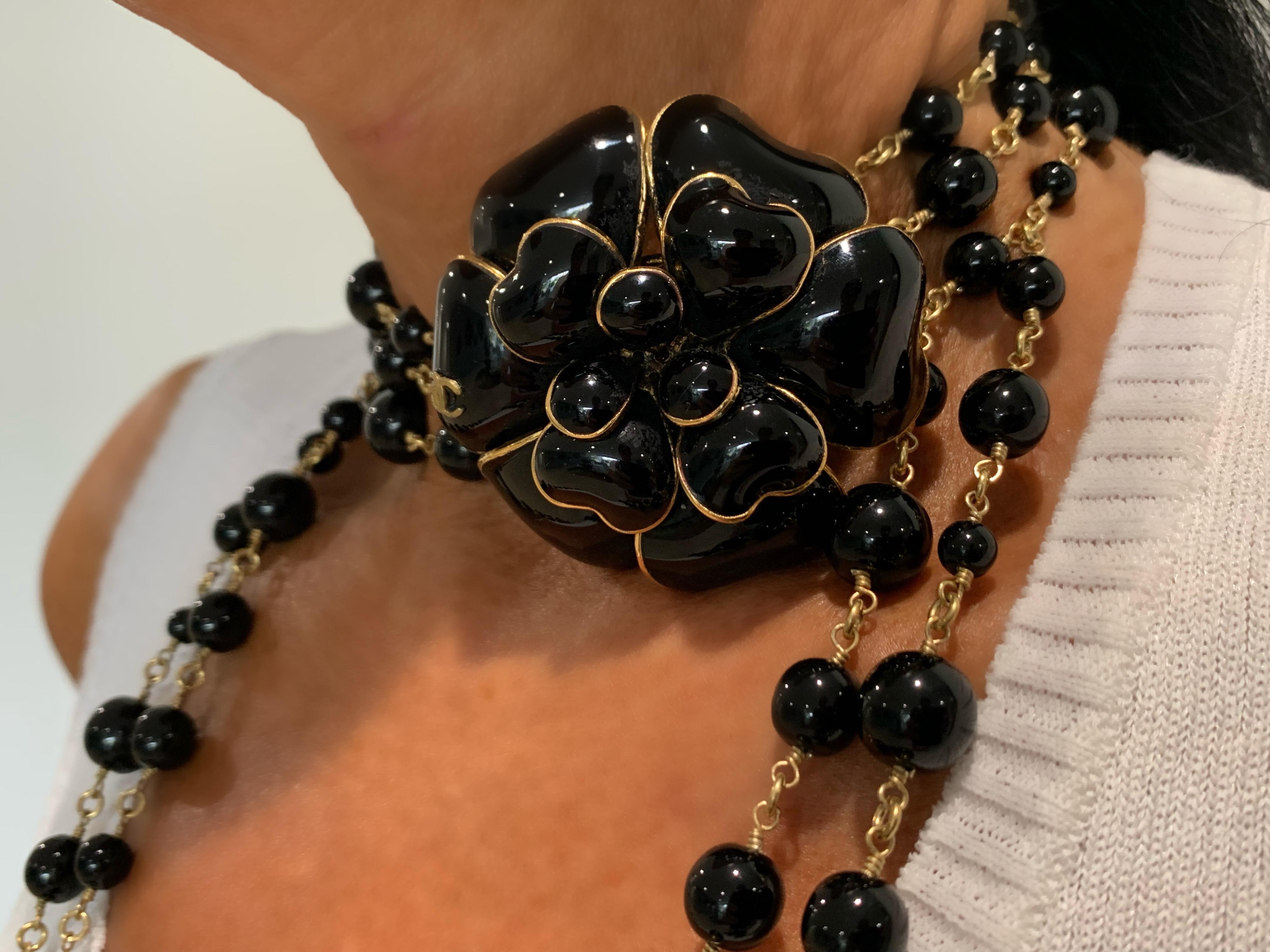 Vintage Chanel Black  Camellia CC Statement Necklace  1