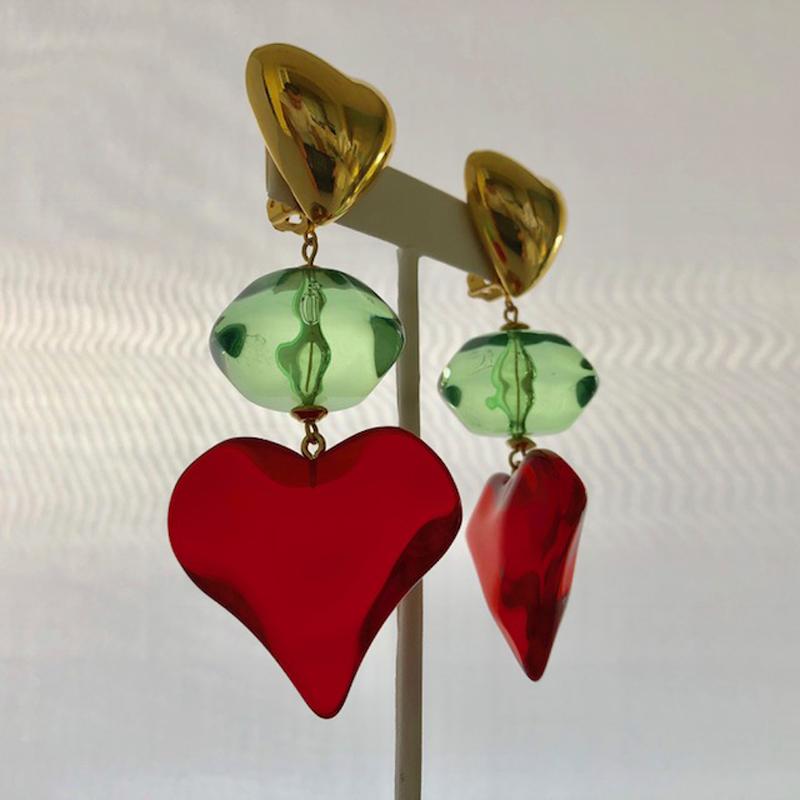 Contemporary French Heart Dramatic Lucite Chandelier  Statement Earrings 