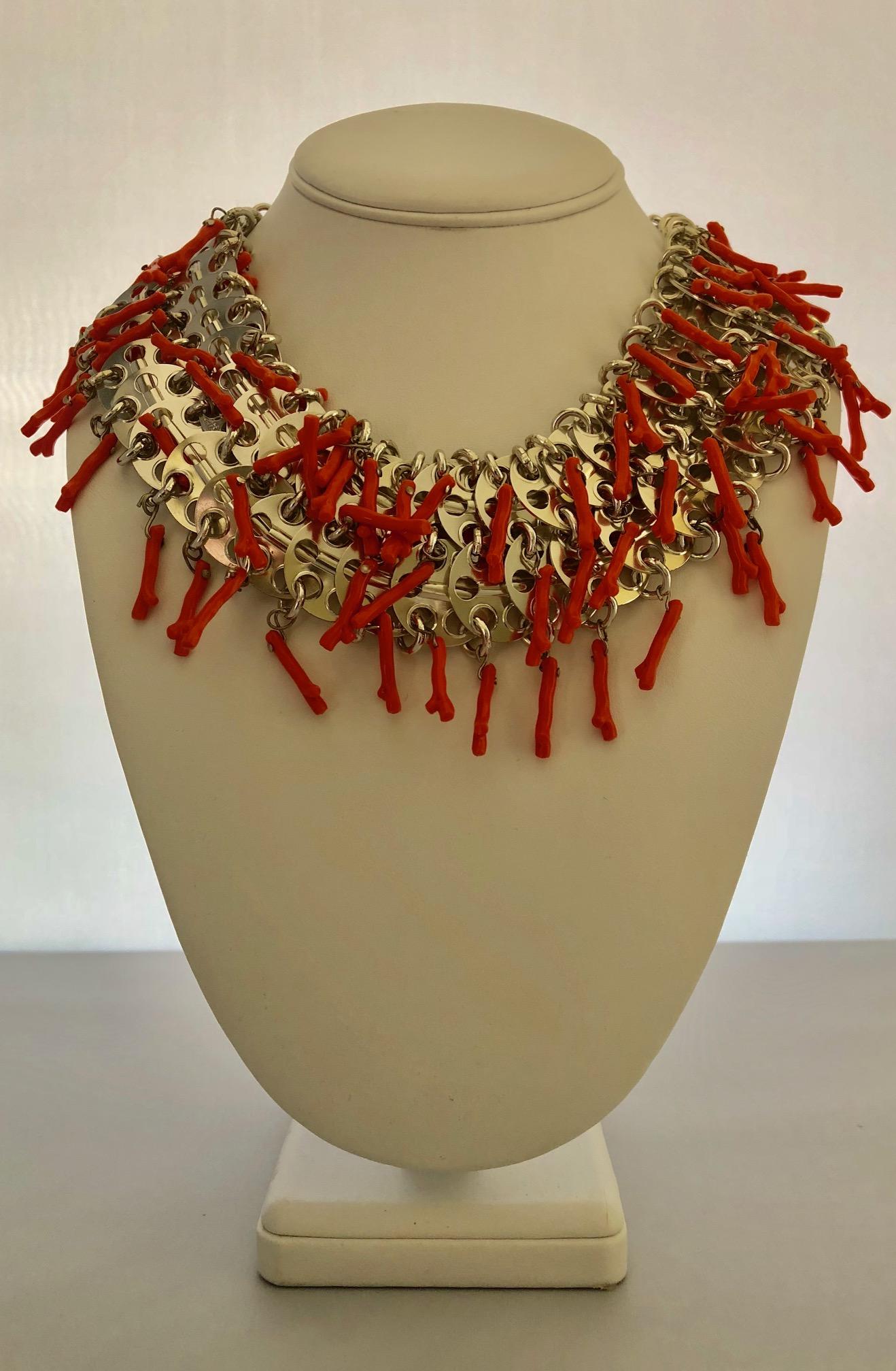  Articulated Architectural Modern Coral  Statement Bib Necklace, Italy 1960s 1
