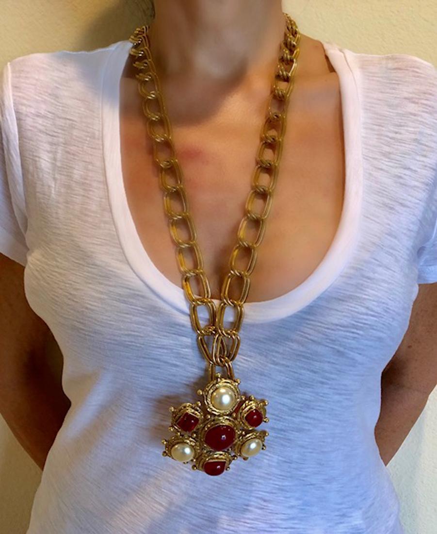 Chanel Byzantine style crest necklace/brooch by Maison Gripoix. Red poured 