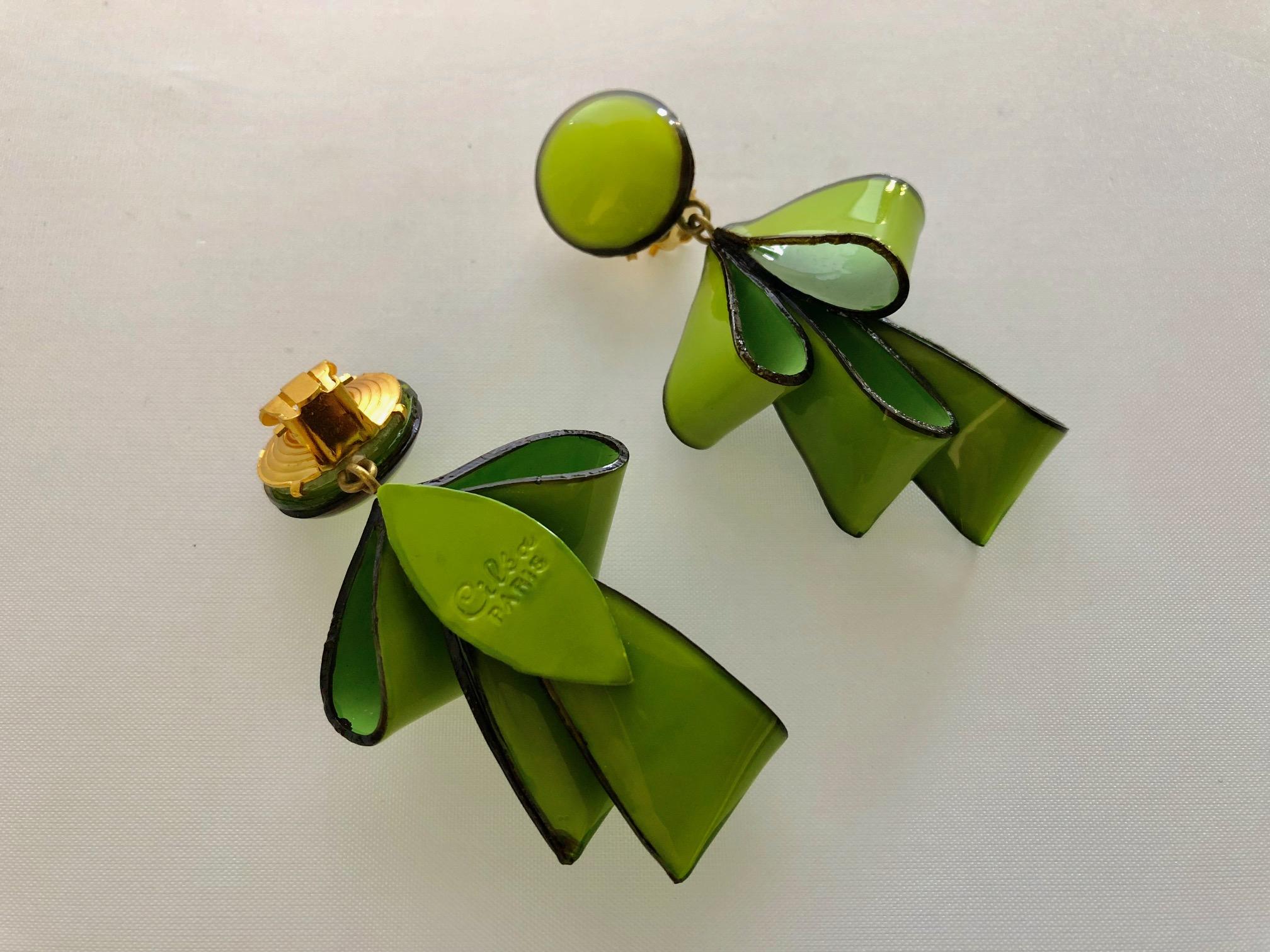 Contemporary Chartreuse Ribbon Earrings by Cilea Paris
