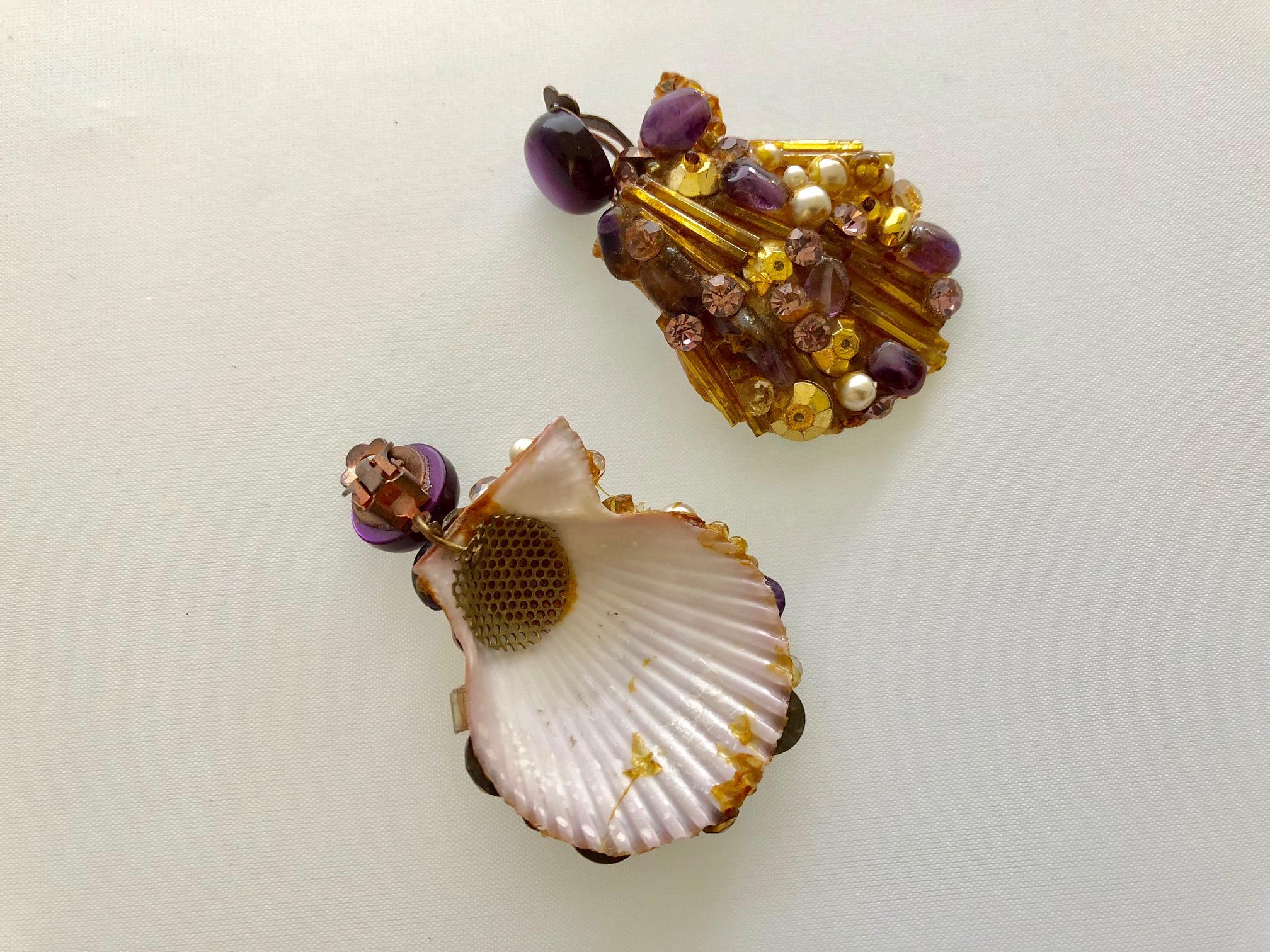 Vintage Italian Jeweled Seashell Earrings  In Excellent Condition In Palm Springs, CA