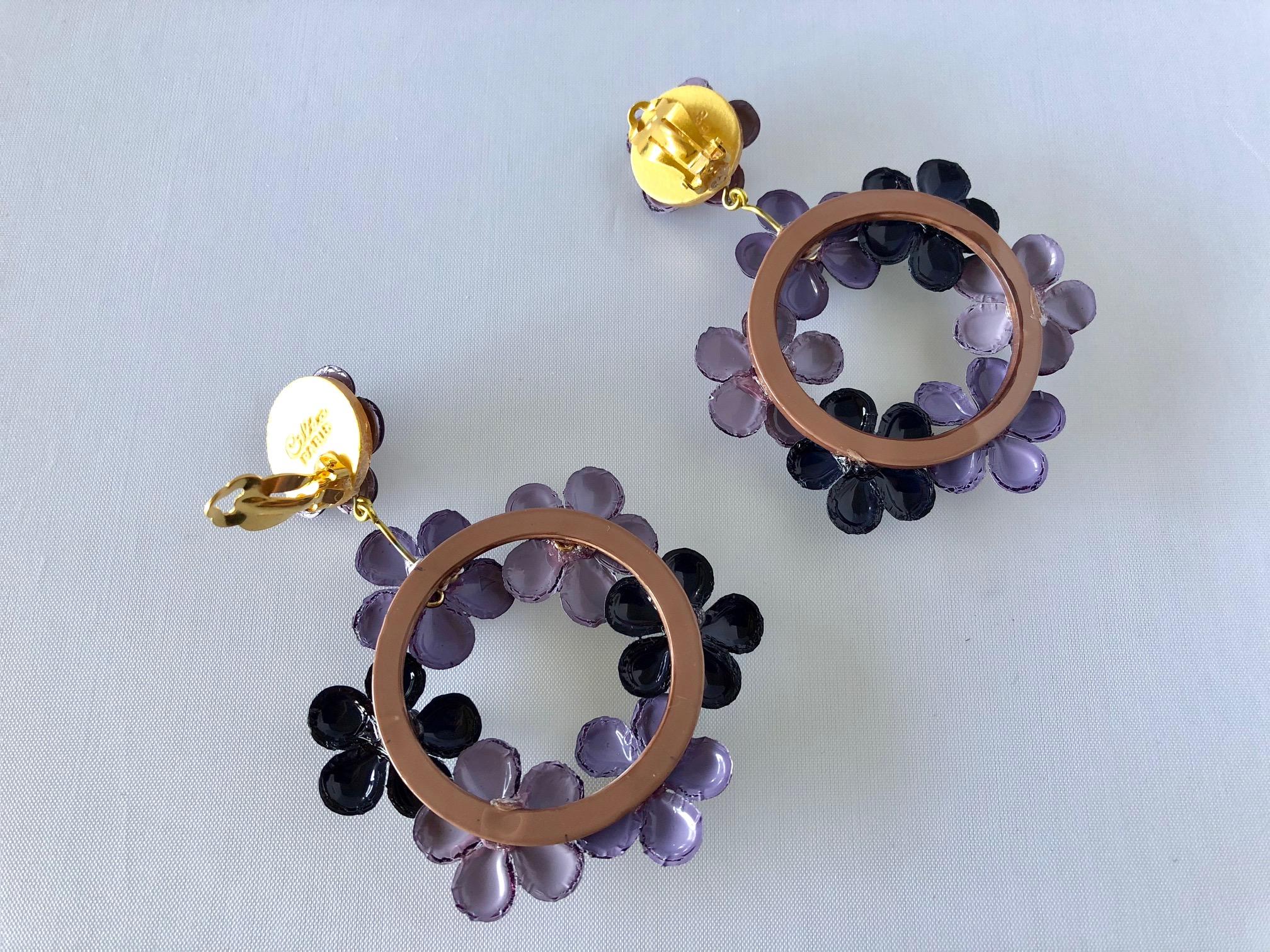 Contemporary French Purple Flower Hoop Statement Earrings