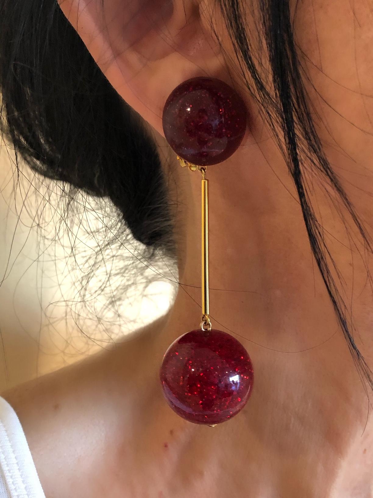Modern Vintage French Red Stardust Mod Ball Statement Earrings 